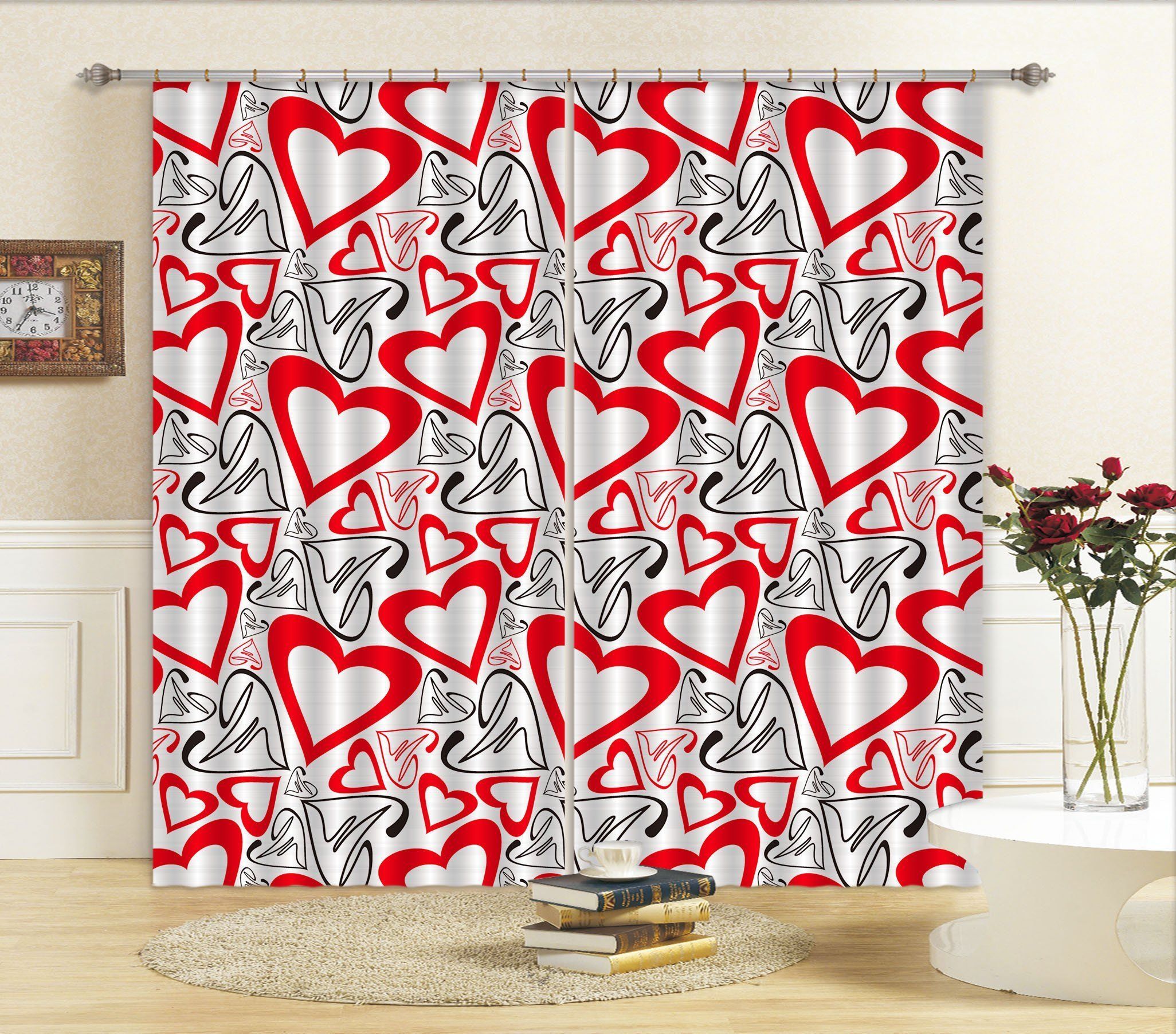 Romantic Red Hearts Dots Printed Window Curtain