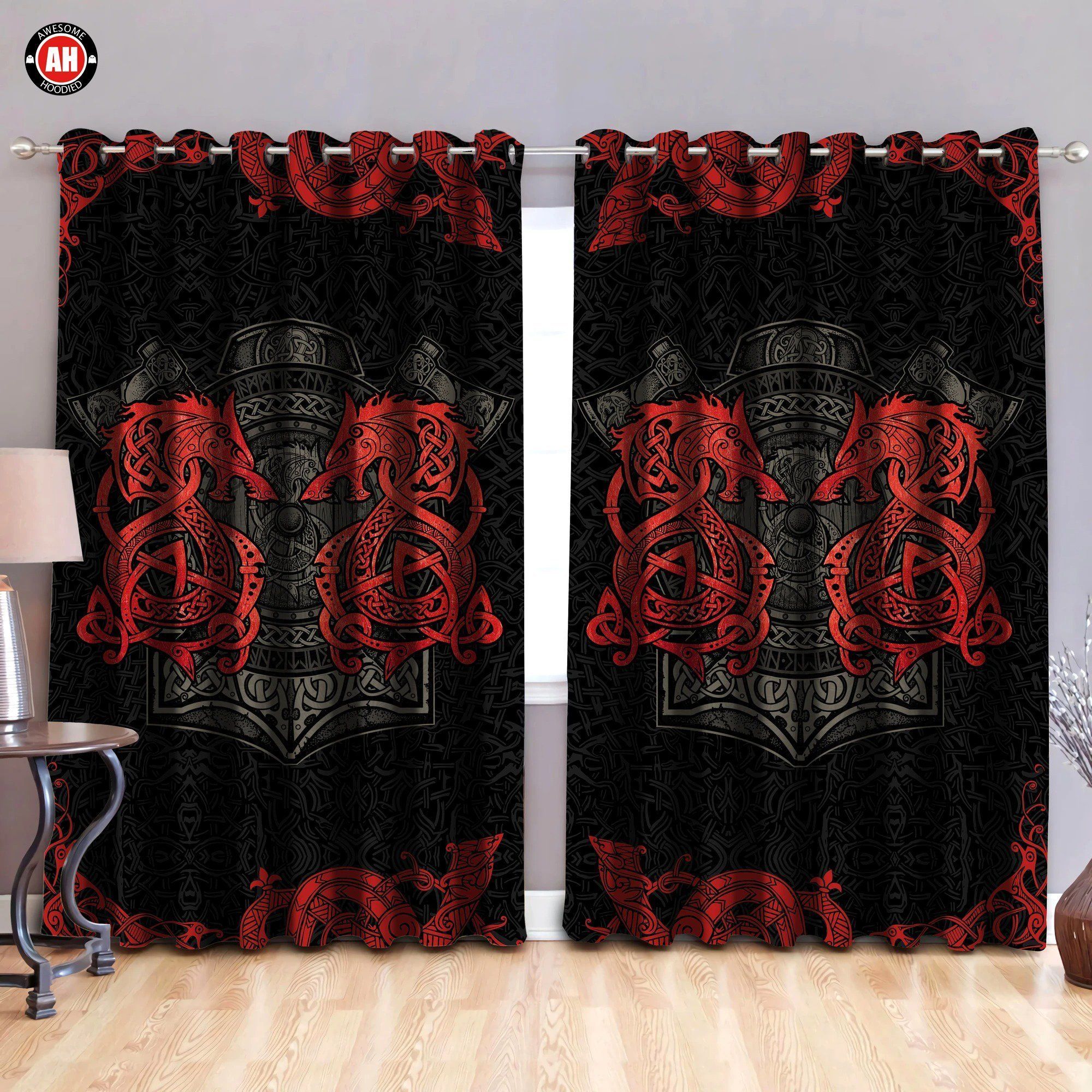 Royal Architecture Red Viking Dragon Printed Window Curtain - Dragon Blackout Curtains