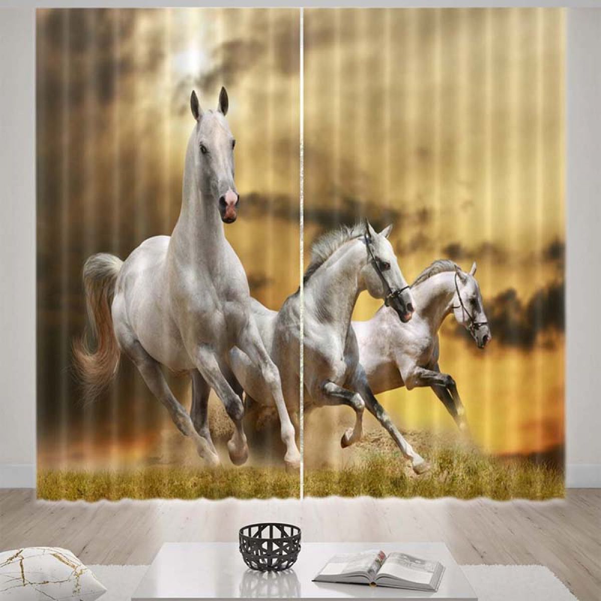 Running Horse Gray Sky Printed Window Curtain Home Decor