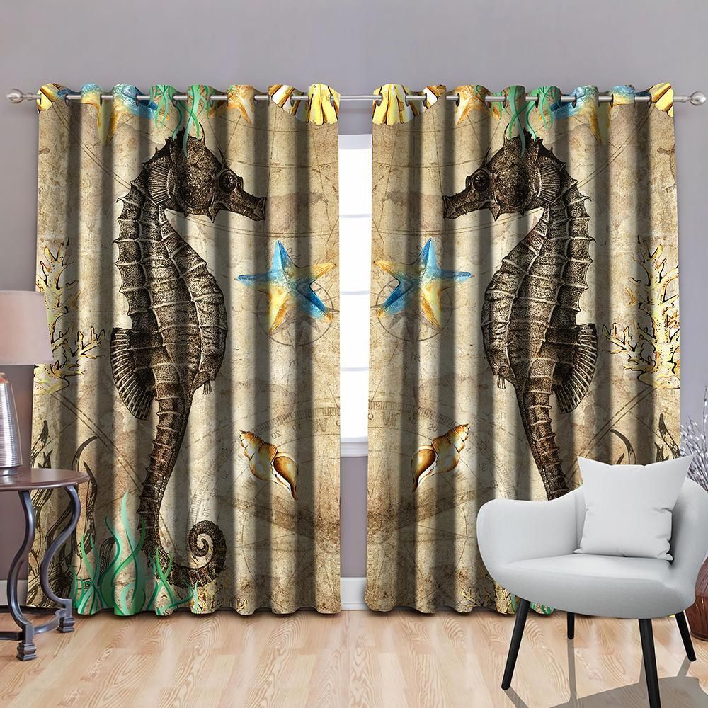 Rustic Seahorse Blackout Thermal Grommet Printed Window Curtain Home Decor