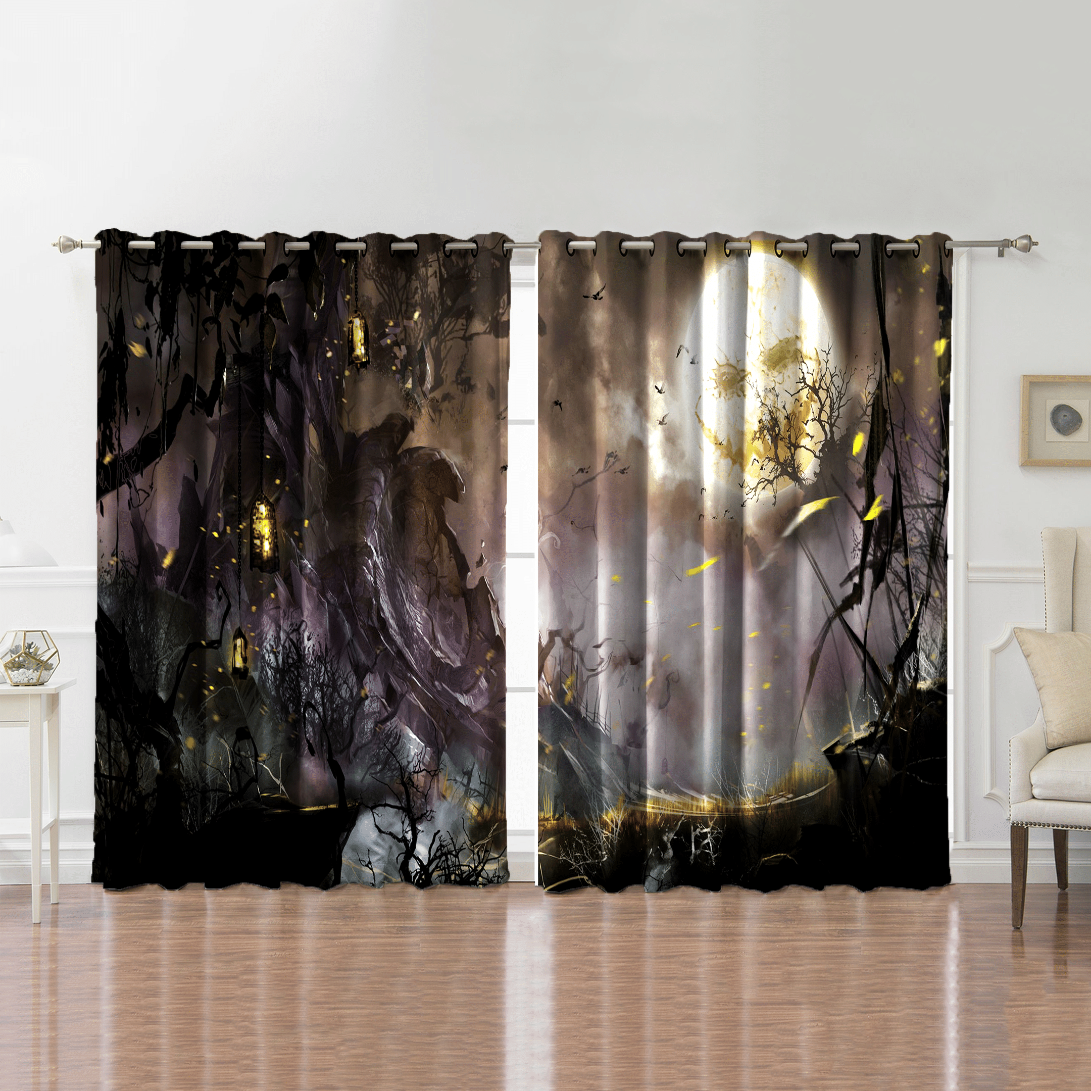 Scared View Of A Mountain Full Moon Printed Window Curtain
