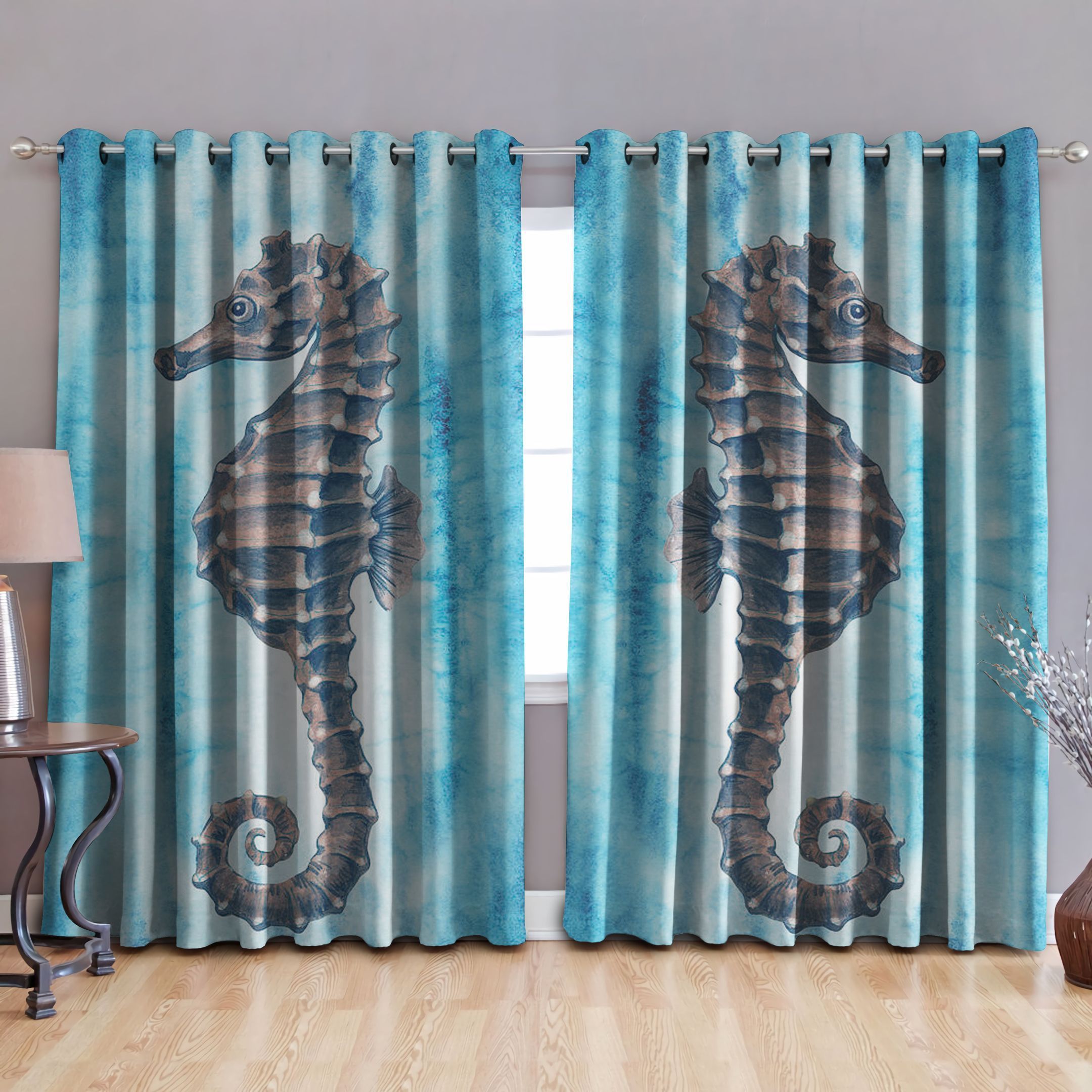 Seahorse Blue And White Marble Printed Window Curtain Home Decor