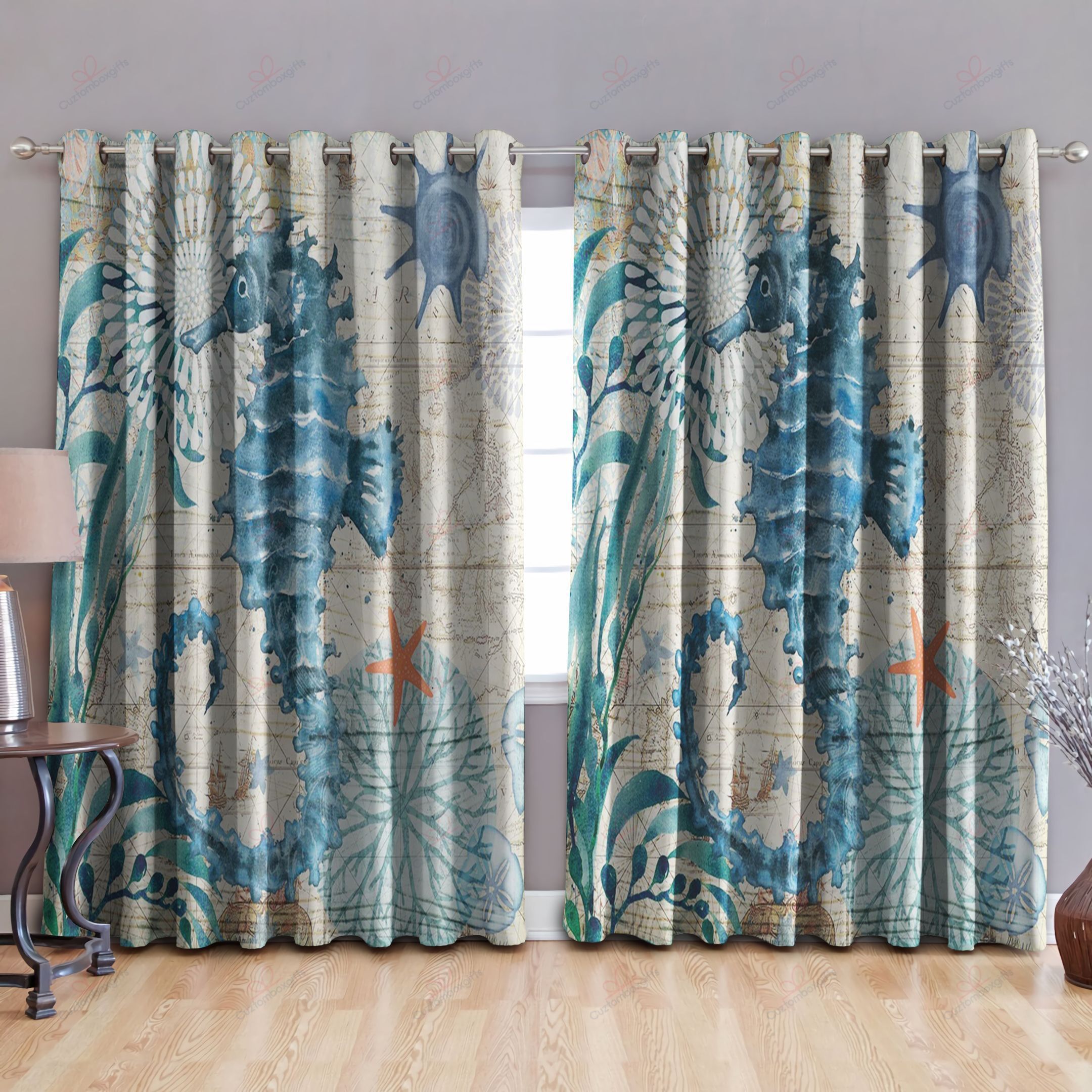 Seahorse Blue And White Printed Window Curtain Home Decor