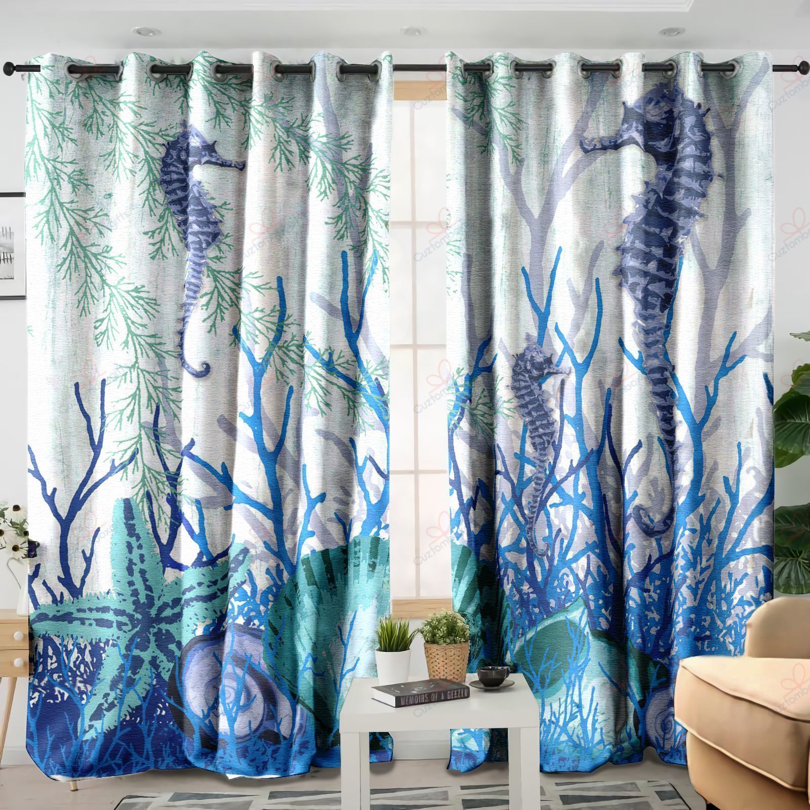 Seahorse Starfish Blue And White Printed Window Curtain Home Decor