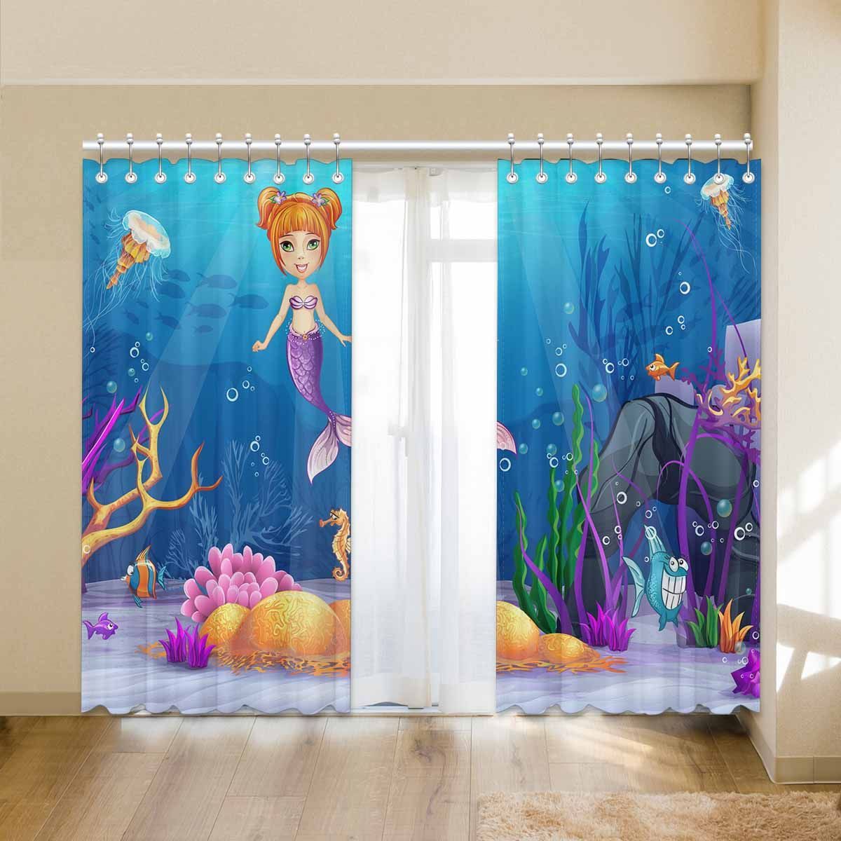 Seaworld Funny Fish And A Mermaid Printed Window Curtain