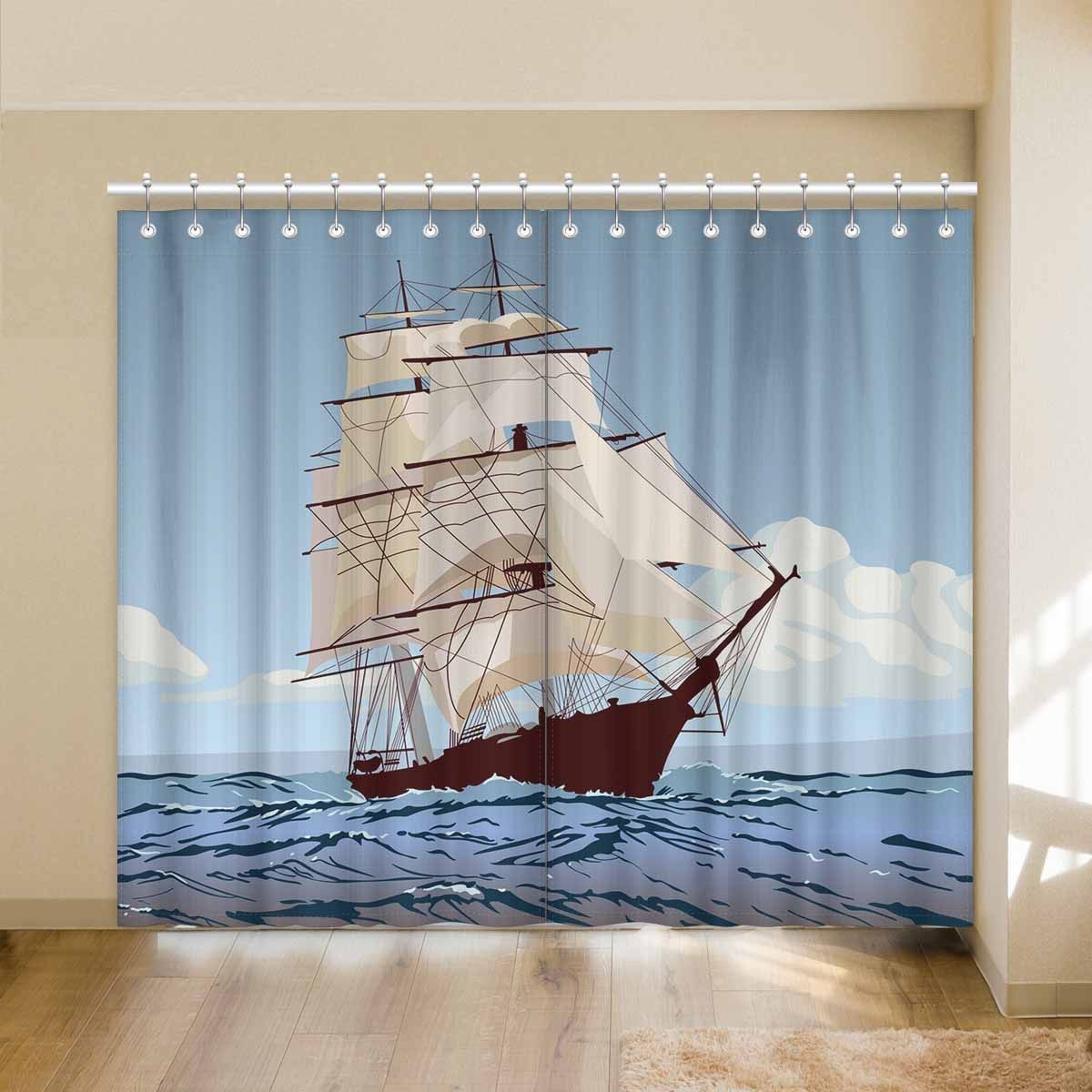 Ship With Sails Running On The Waves Printed Window Curtain