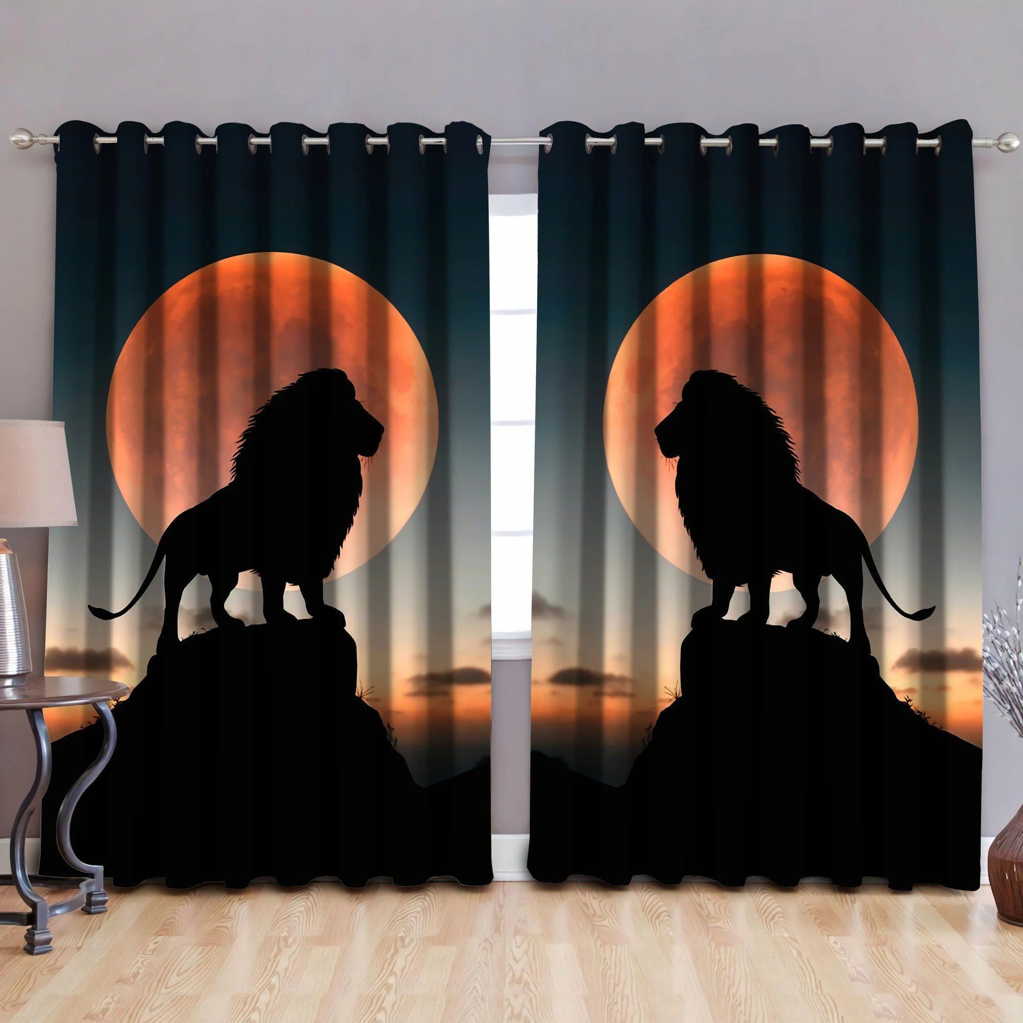 Single Lion King Under The Full Moon Printed Window Curtain