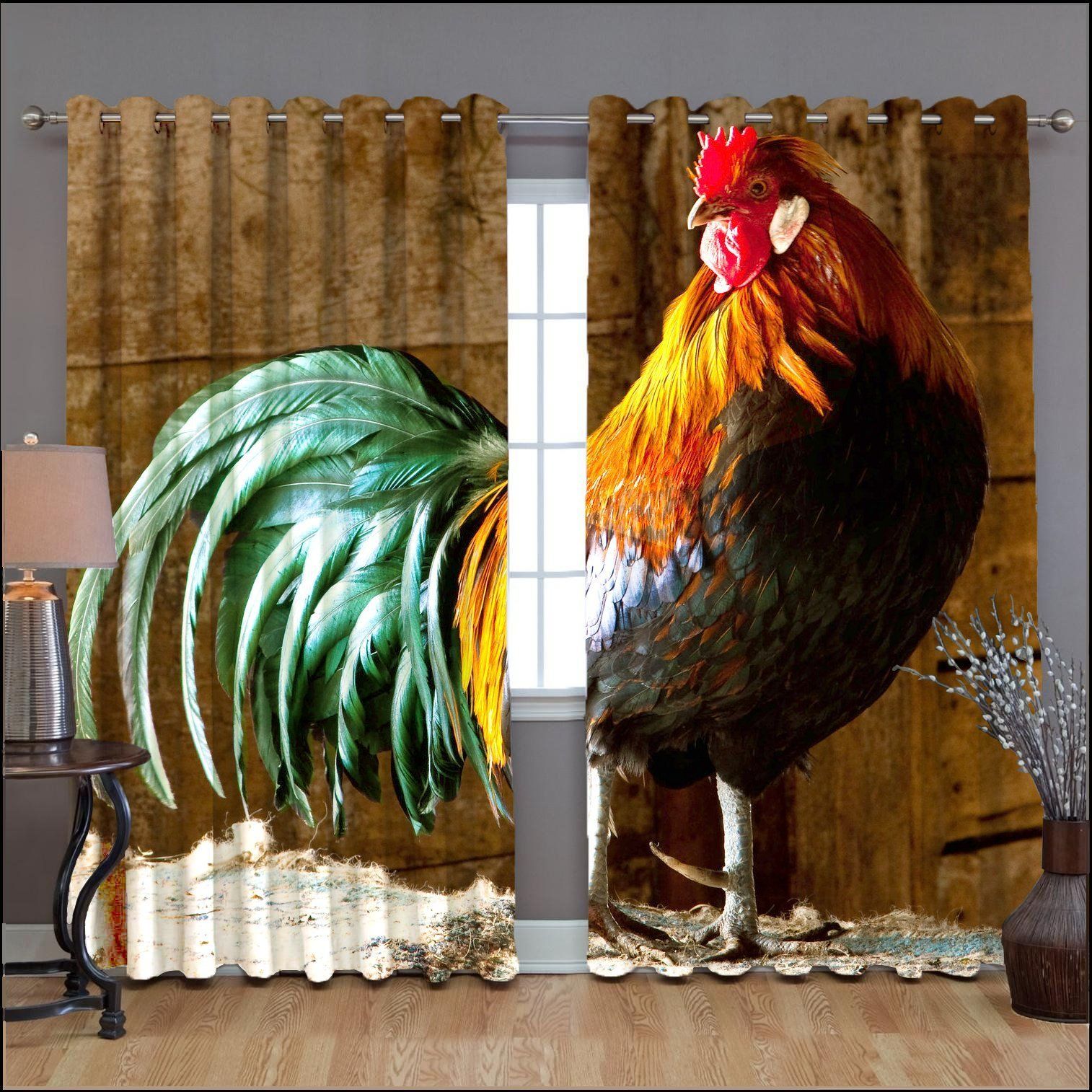 Single Rooster Cattle Species Printed Window Curtain