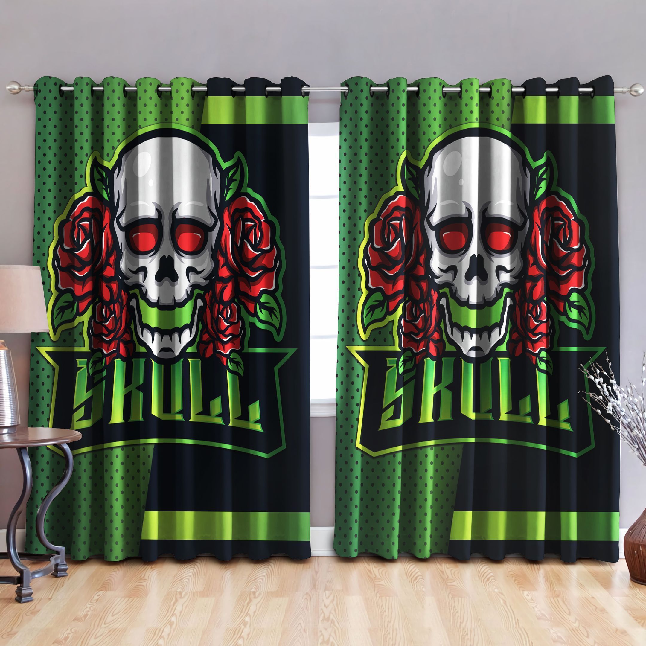 Skull Green Theme Printed Window Curtains Home Decor
