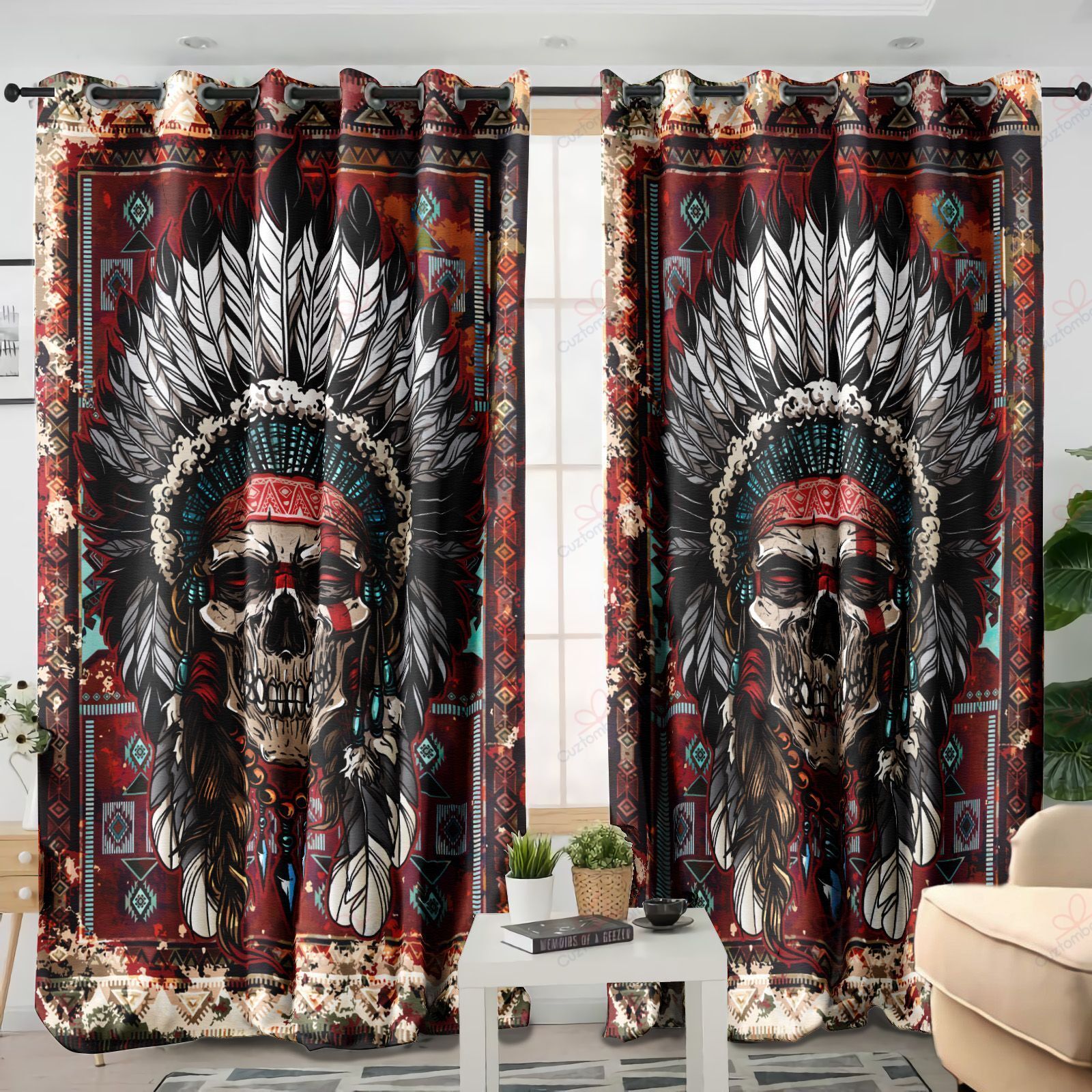 Skull Native American Printed Window Curtain Home Decor