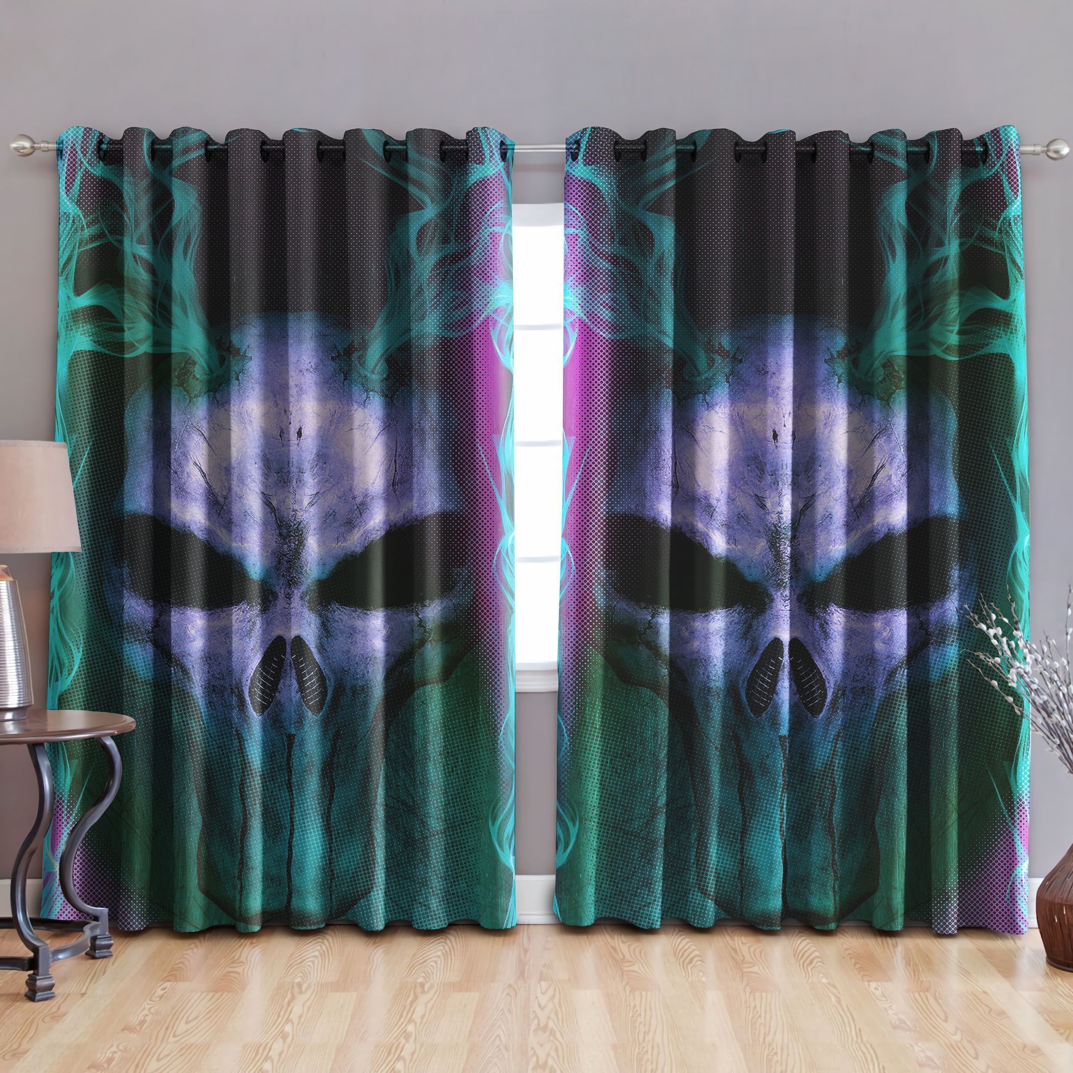 Skull Smokey Purple And Green Printed Window Curtain Home Decor