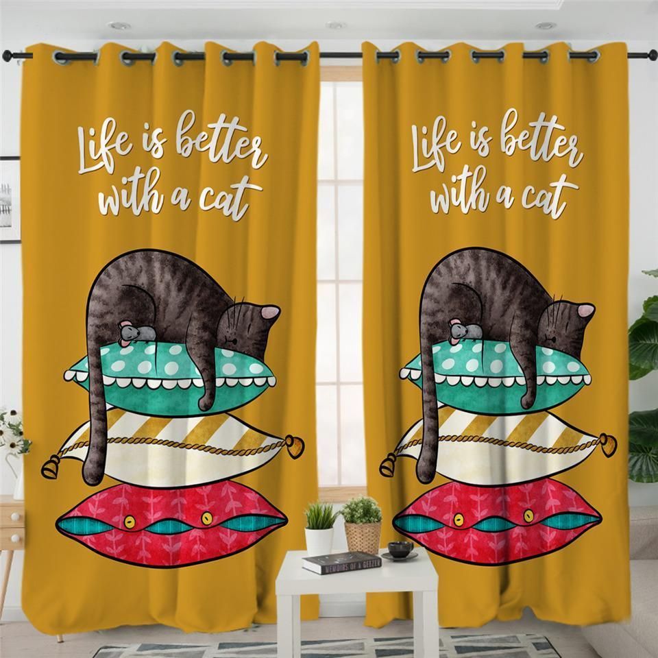 Sleeping Cat Yellow Themed Printed Window Curtains Home Decor