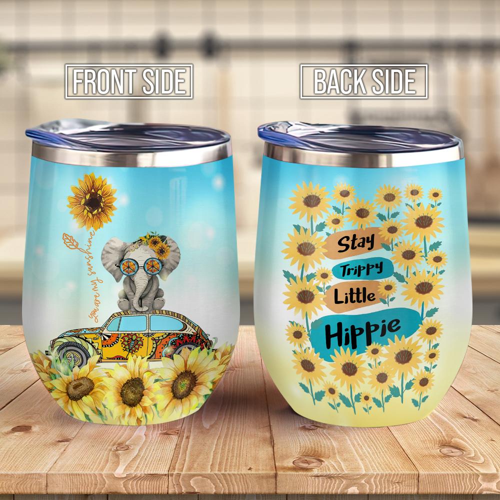 Stay Trippy Little Hippie Elephant Sunflower Hippie Van Wine Tumbler Hippie Gift Sunflower Gift Wine Tumbler