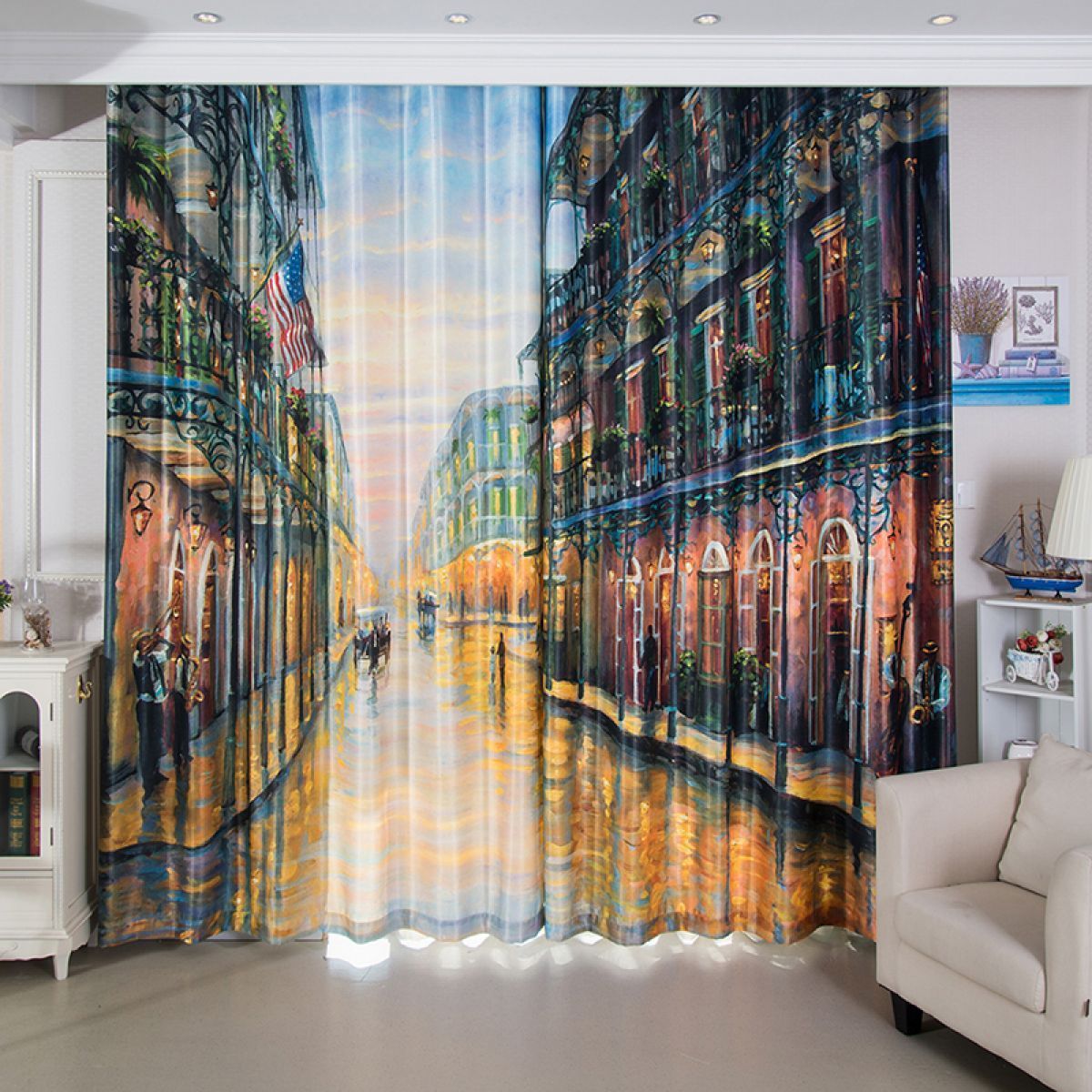 Street View Painting Printed Window Curtain Home Decor