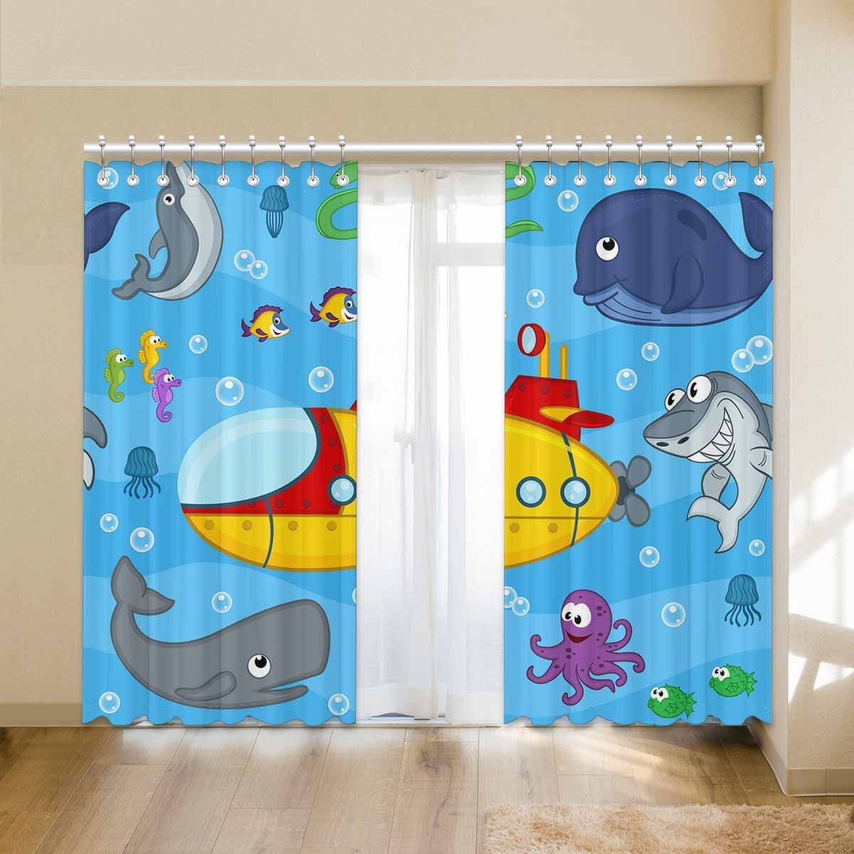 Submarine Shark And Whale Printed Window Curtain