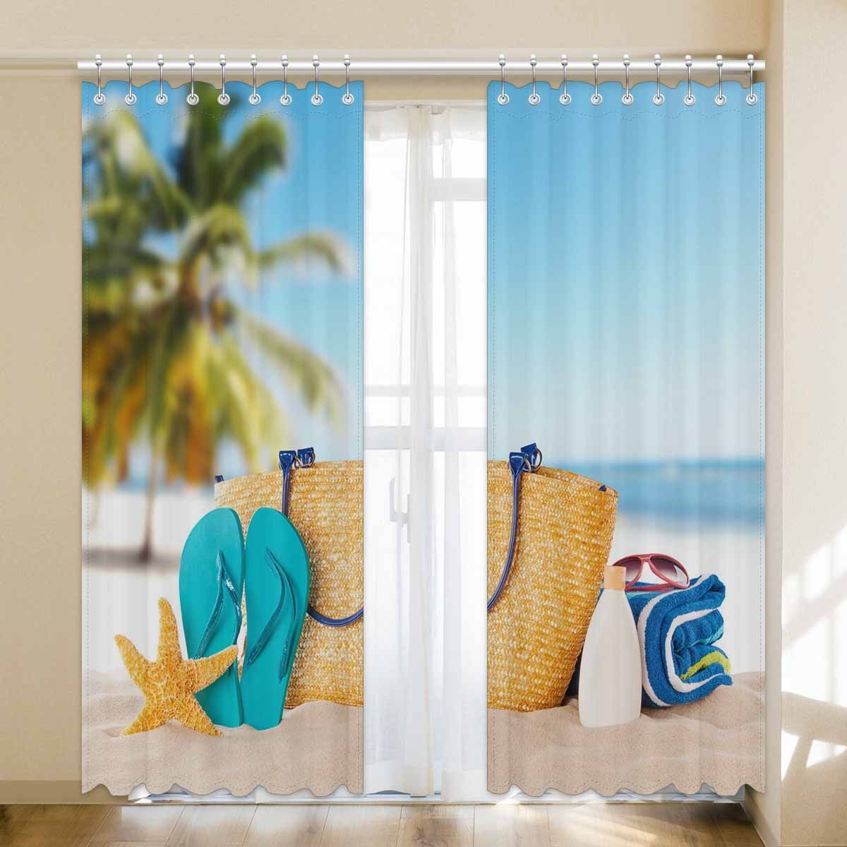 Summer Beach Themed With Blue Flip-flops And Starfish Printed Window Curtain