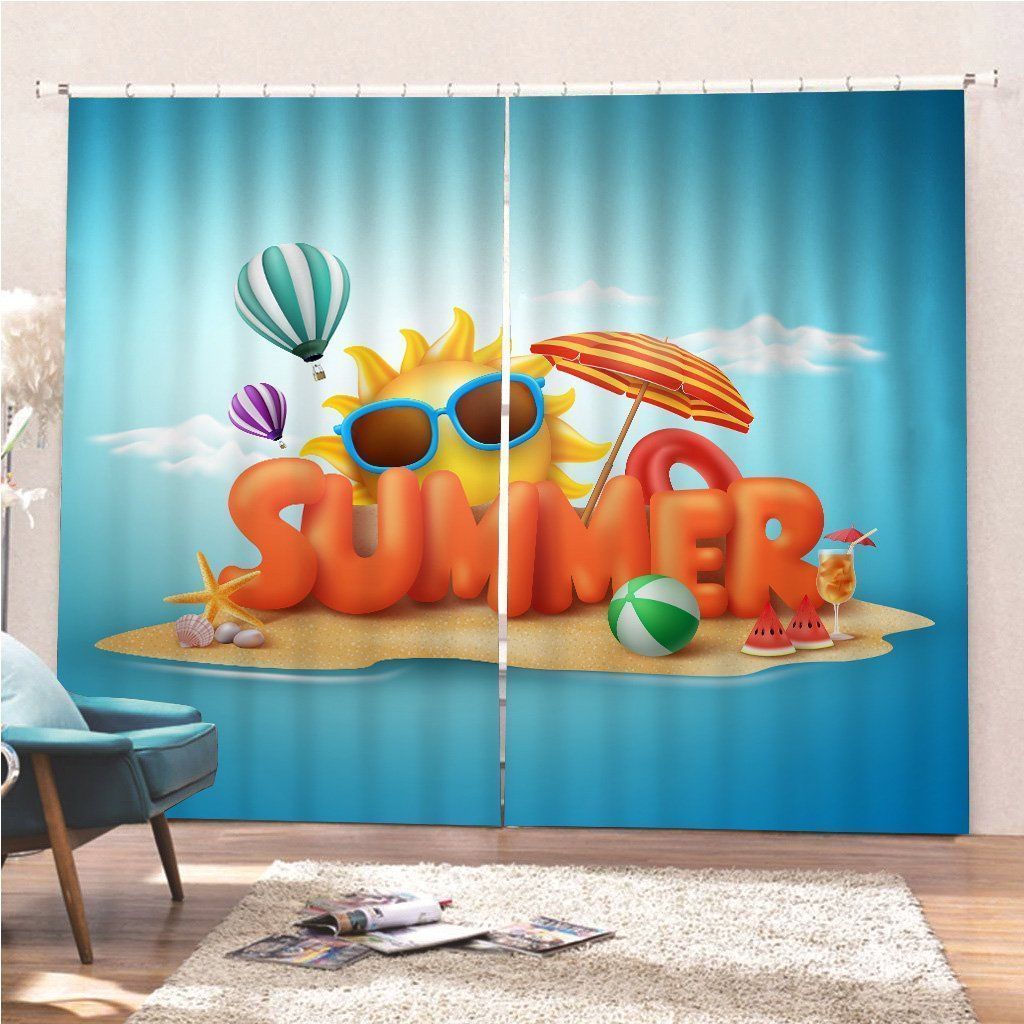 Summer Elements And Balloons In Blue Sky Printed Window Curtain