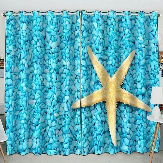 Summer Starfish On Blue Printed Window Curtain Home Decor