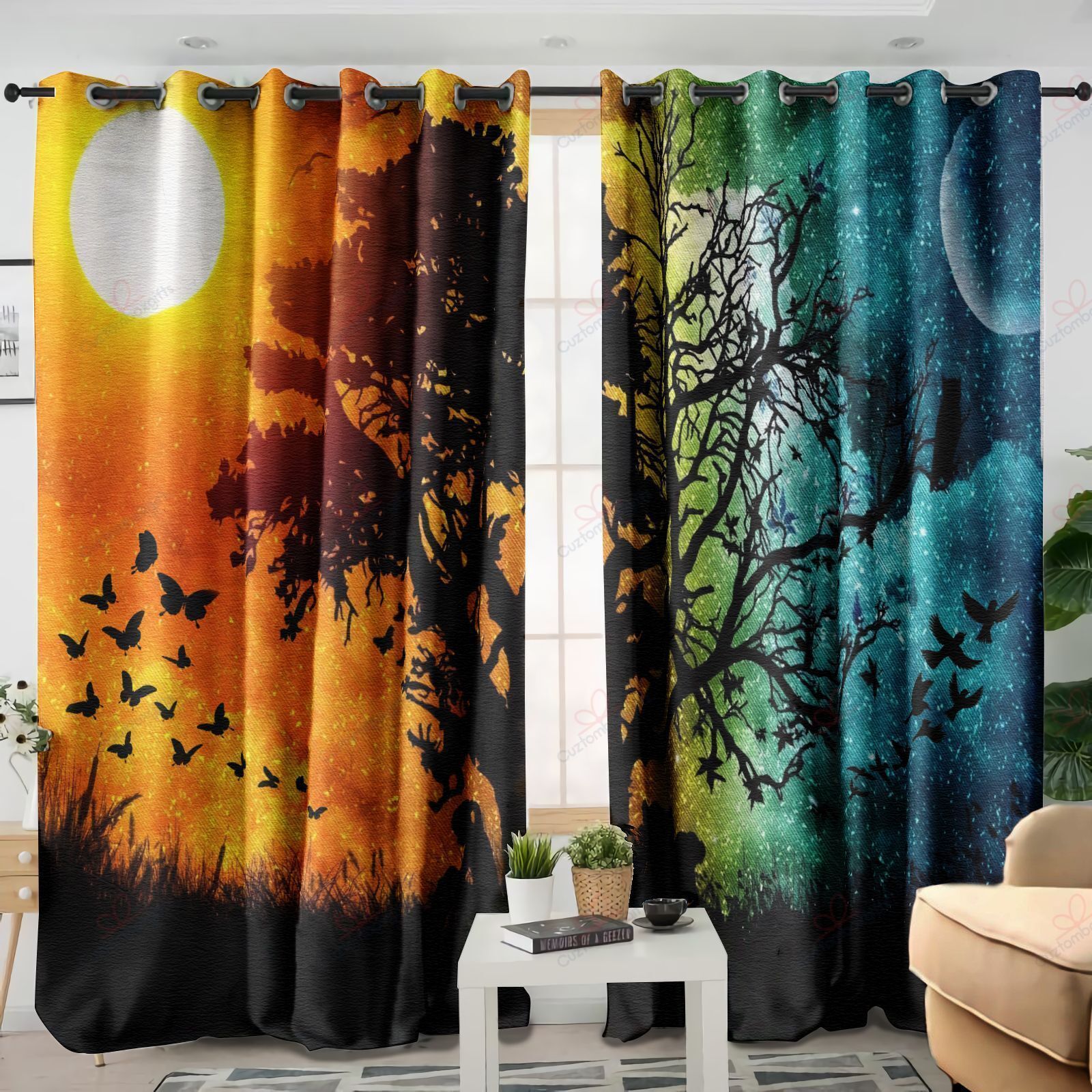 Sun And Moon Day And Night Printed Window Curtain Home Decor