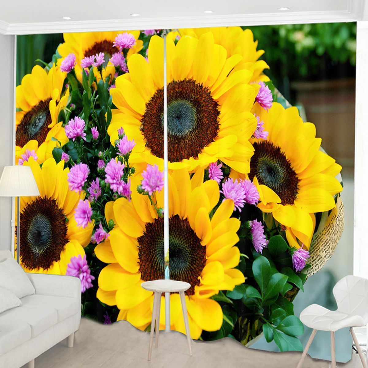 Sunflower Ad Purple Flower Printed Window Curtain Home Decor