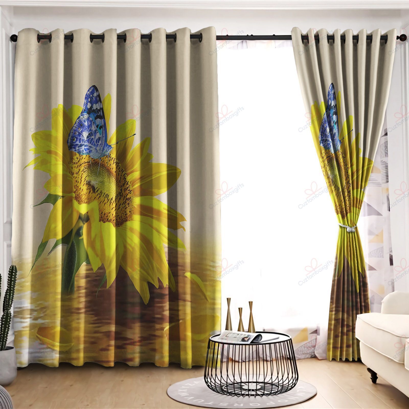 Sunflower Blue Butterfly Printed Window Curtain Home Decor