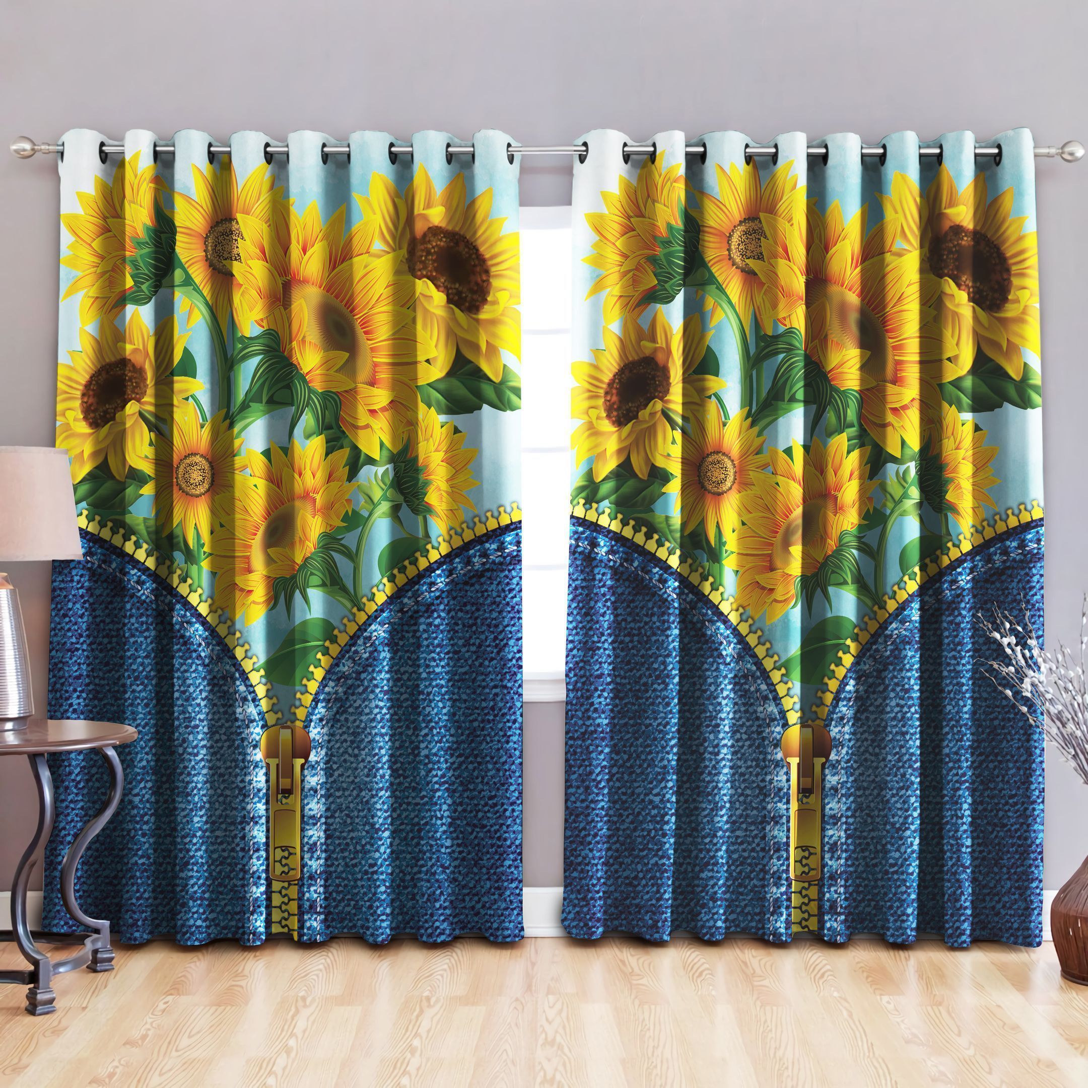 Sunflower Field Denim Zipper Printed Window Curtain Home Decor