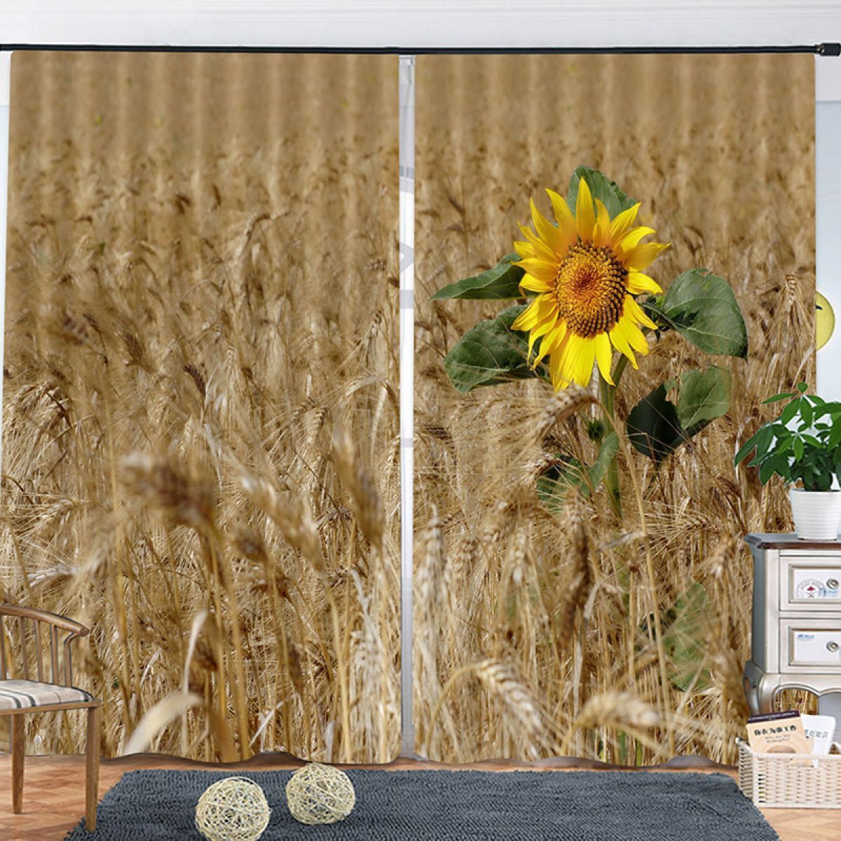 Sunflower In The Wheat Field Printed Window Curtain Home Decor