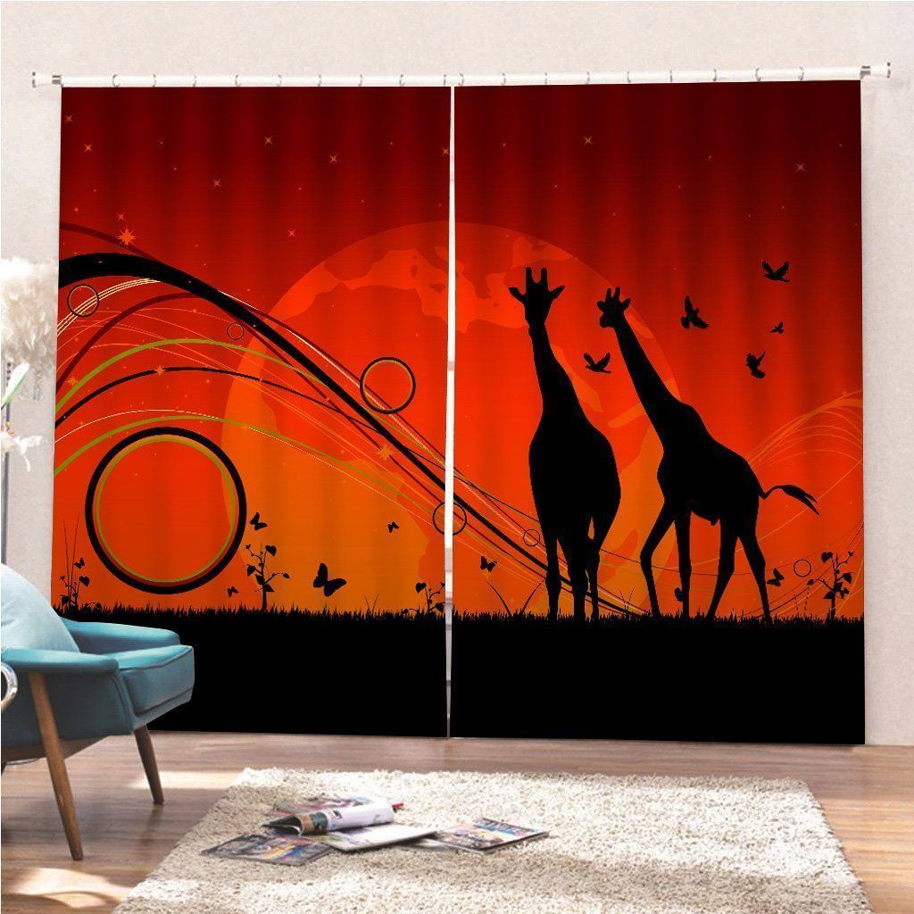 Sunset View In Africa With Tow Giraffes Printed Window Curtain