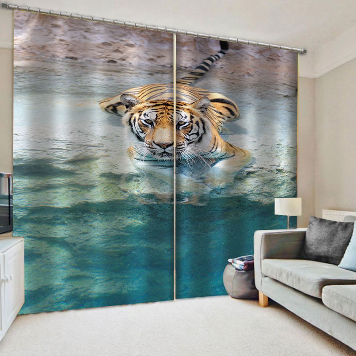 Swimming Tiger Printed Window Curtain Home Decor