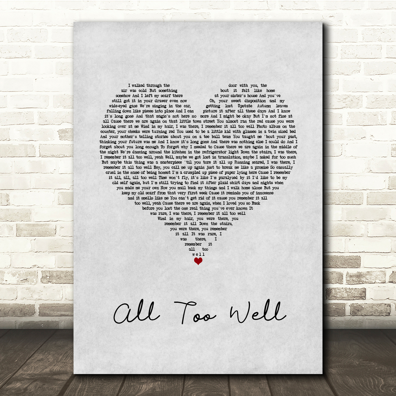Taylor Swift All Too Well Grey Heart Song Lyric Quote Music Poster Print
