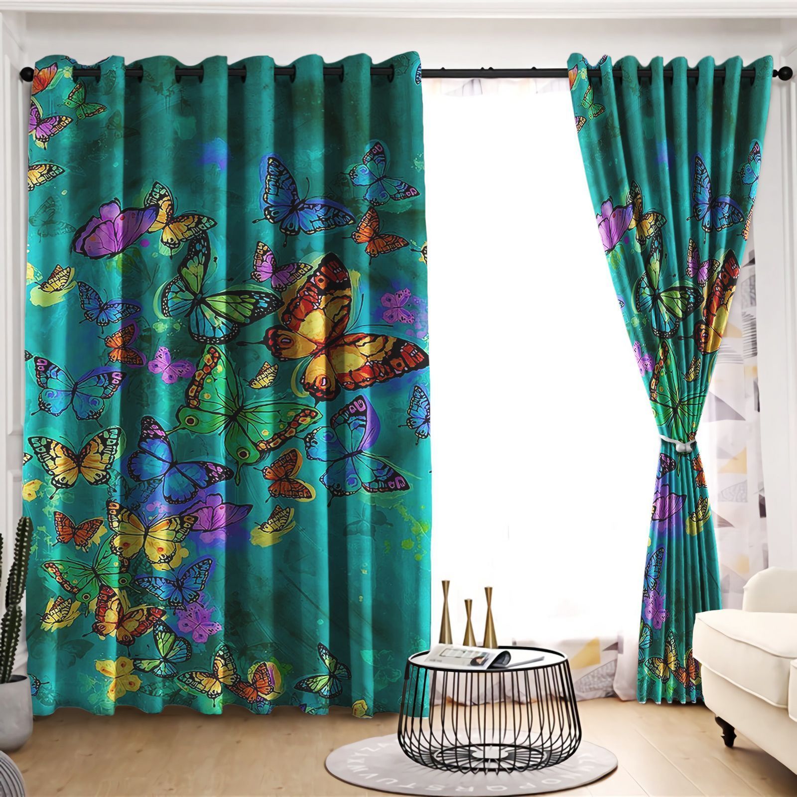 Teal Background Colorful Butterfly Printed Window Curtain Home Decor