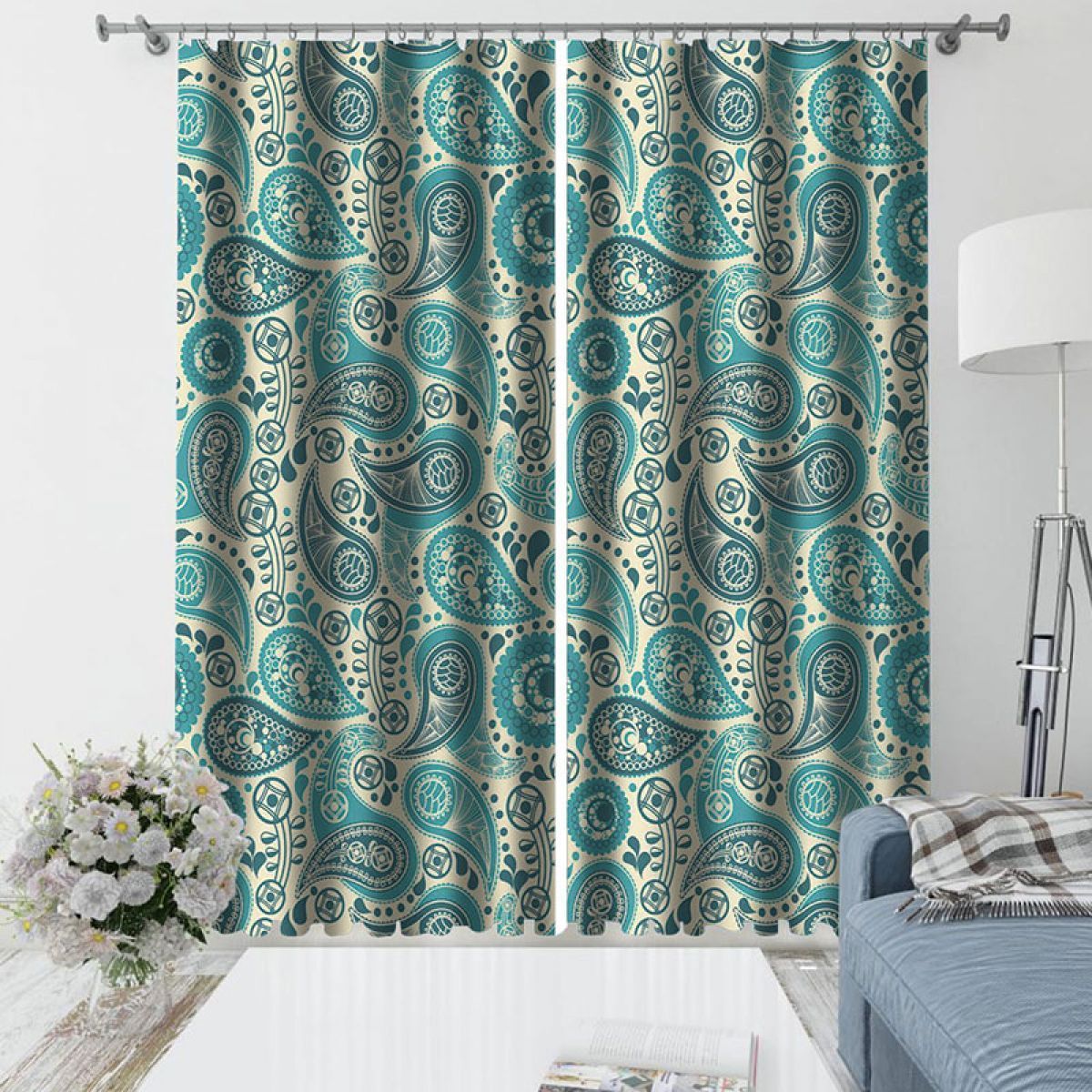 Teal Paisley Design Printed Window Curtain Home Decor