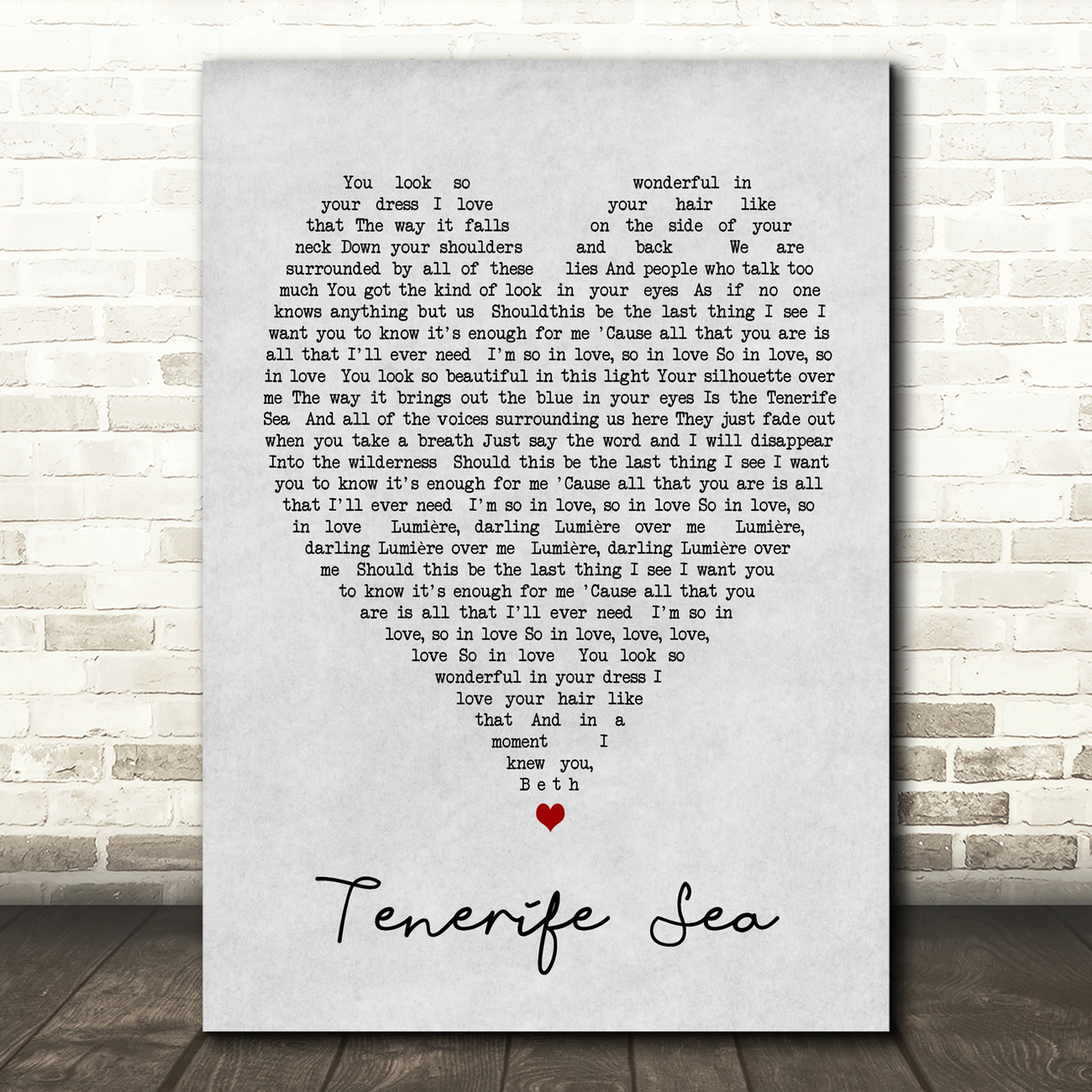 Tenerife Sea Ed Sheeran Grey Heart Song Lyric Quote Print