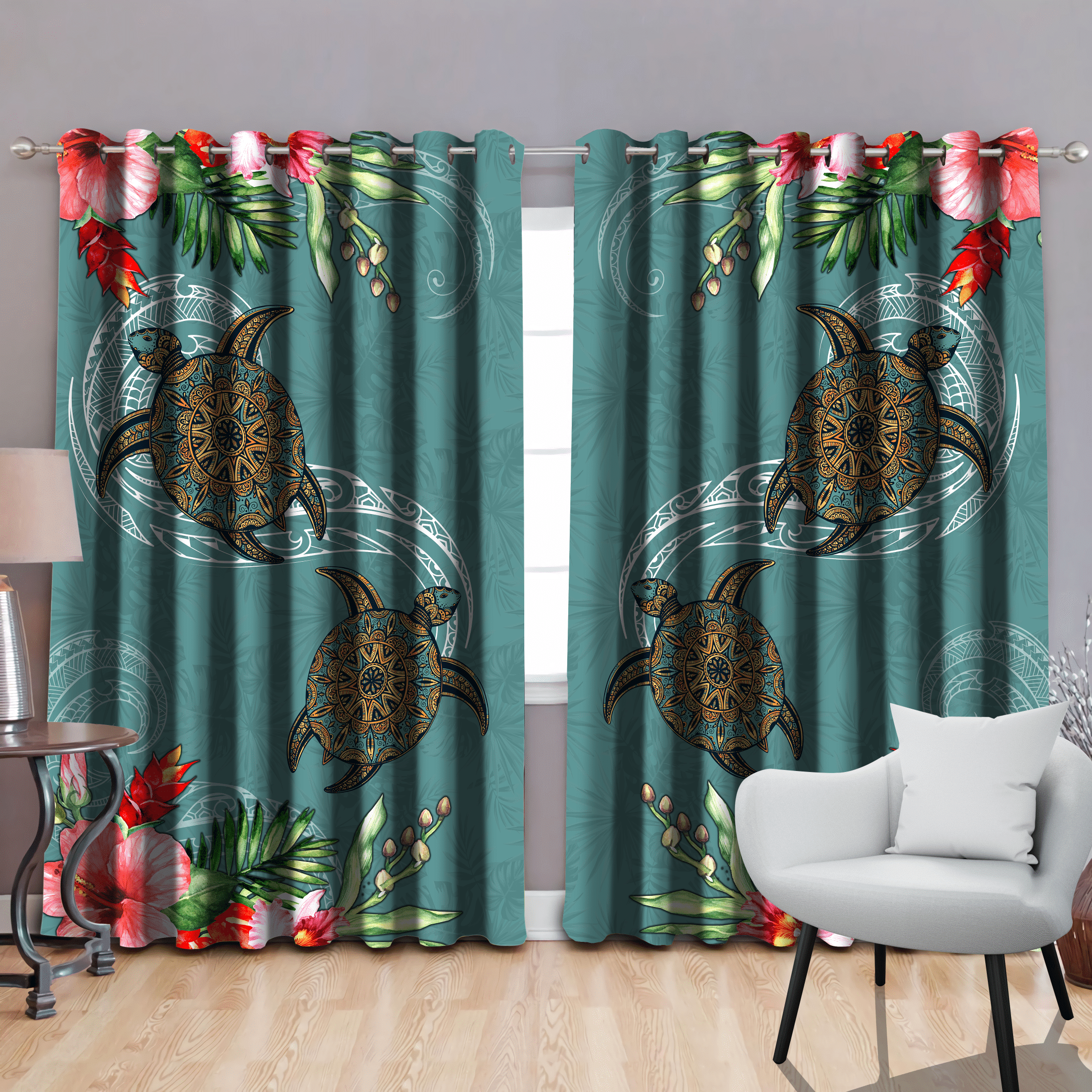 Textured Turtle Polynesian Hibiscus Printed Window Curtain