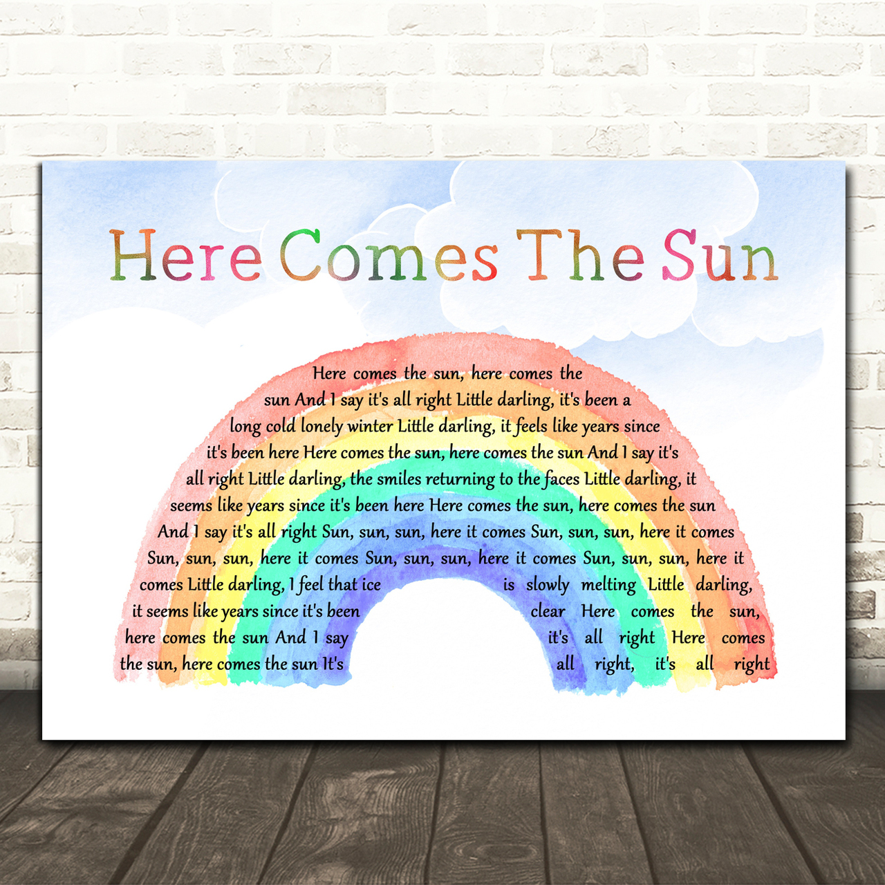 The Beatles Here Comes The Sun Watercolour Rainbow & Clouds Song Lyric Quote Music Poster Print