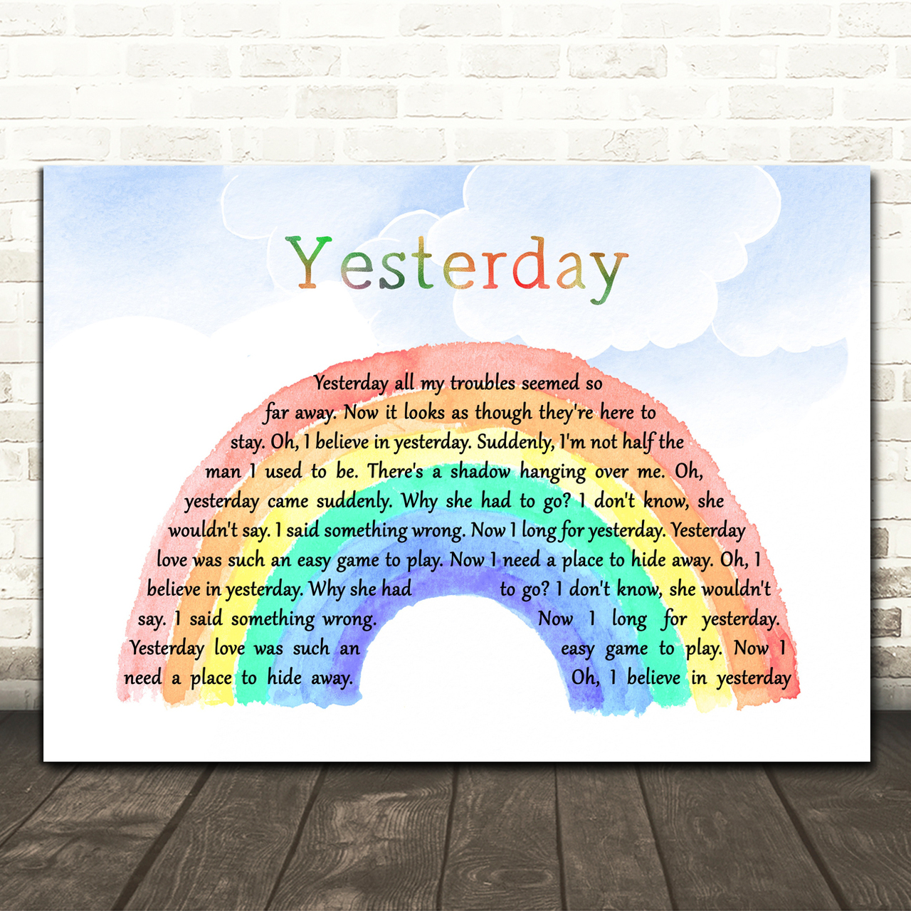 The Beatles Yesterday Watercolour Rainbow & Clouds Song Lyric Art Print