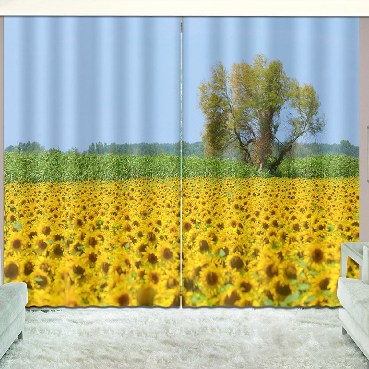 The Beauty Of Sunflower Field Printed Window Curtain Home Decor
