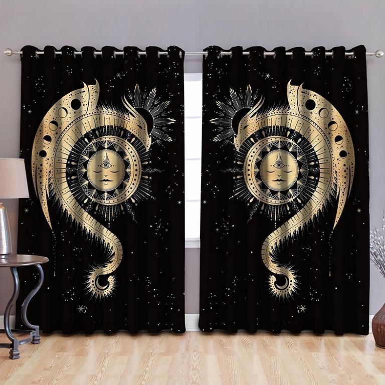 The Sun And Moon Dragon Black Background Printed Window Curtain - Dragon Blackout Curtains