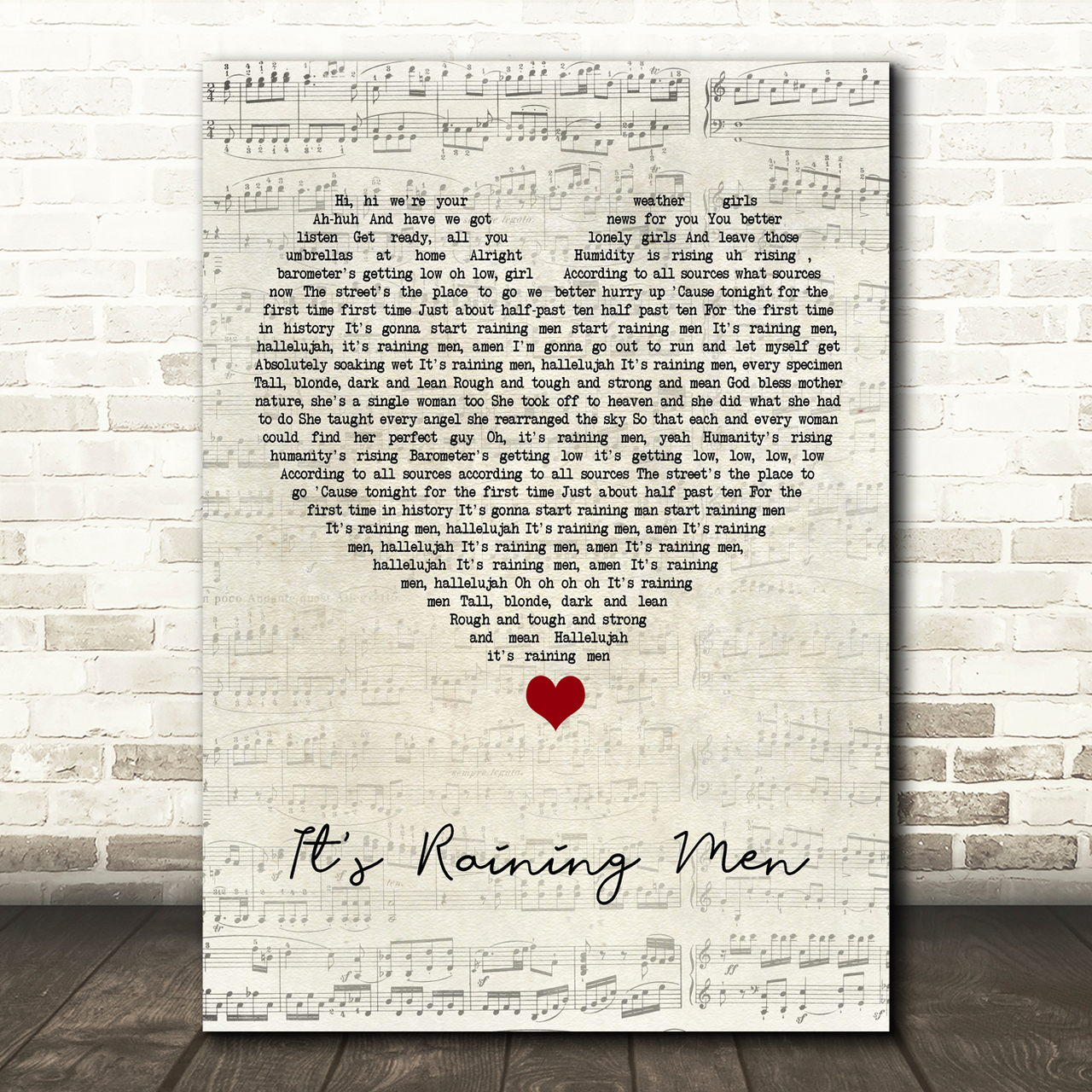 The Weather Girls It's Raining Men Script Heart Song Lyric Quote Music Poster Print