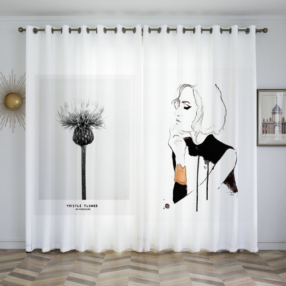 Thistle Flower Woman Printed Window Curtain Home Decor