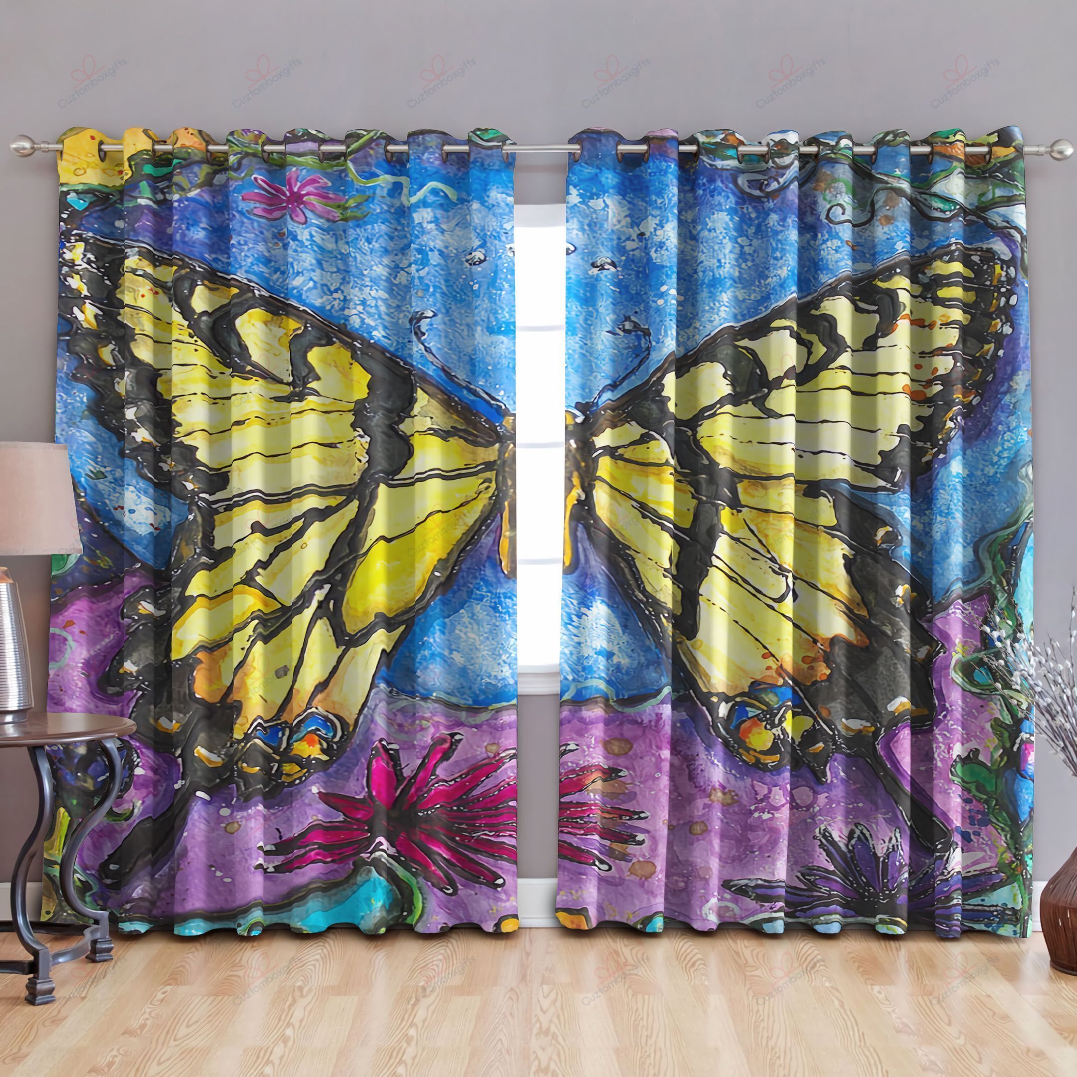 Tiger Butterfly Blue And Purple Background Printed Window Curtain Home Decor
