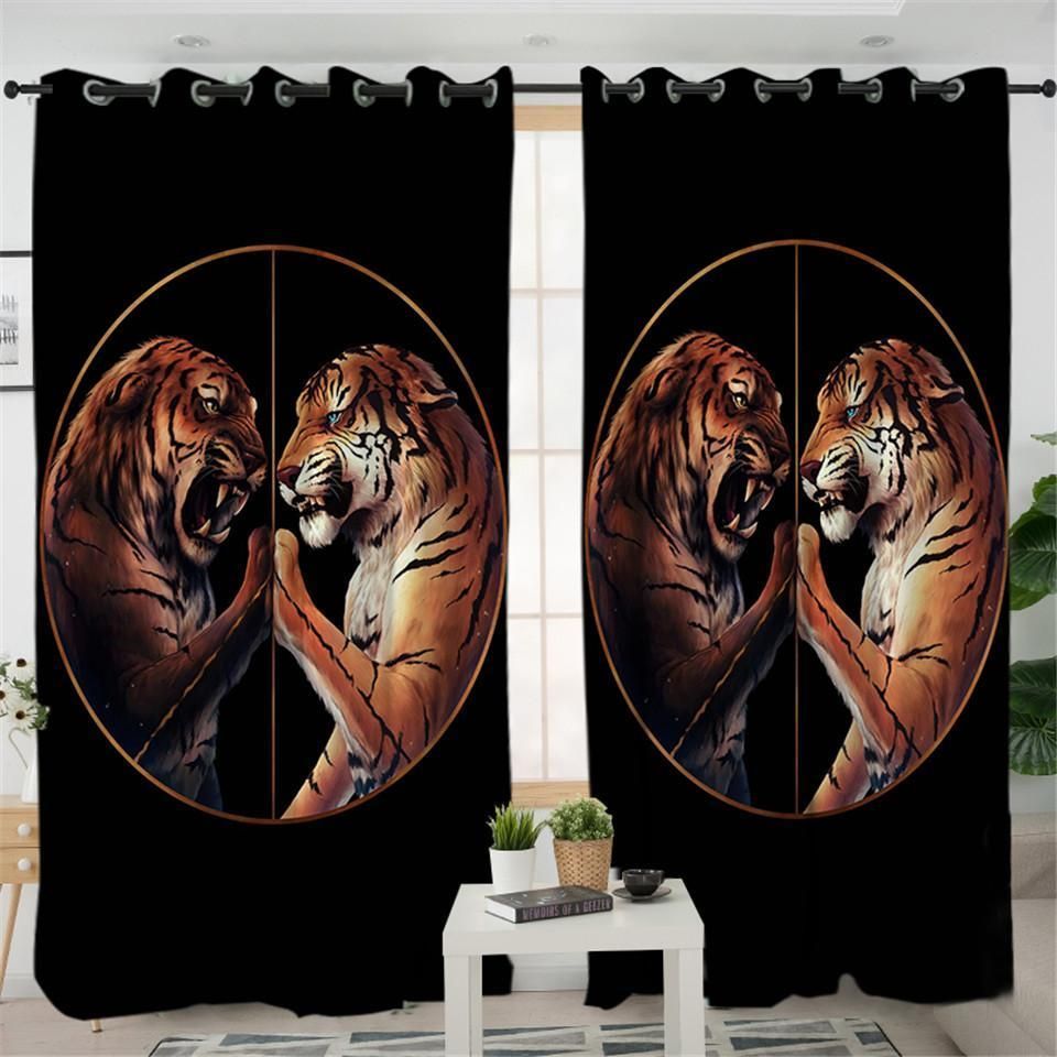 Tiger Duel Black Printed Window Curtain Home Decor