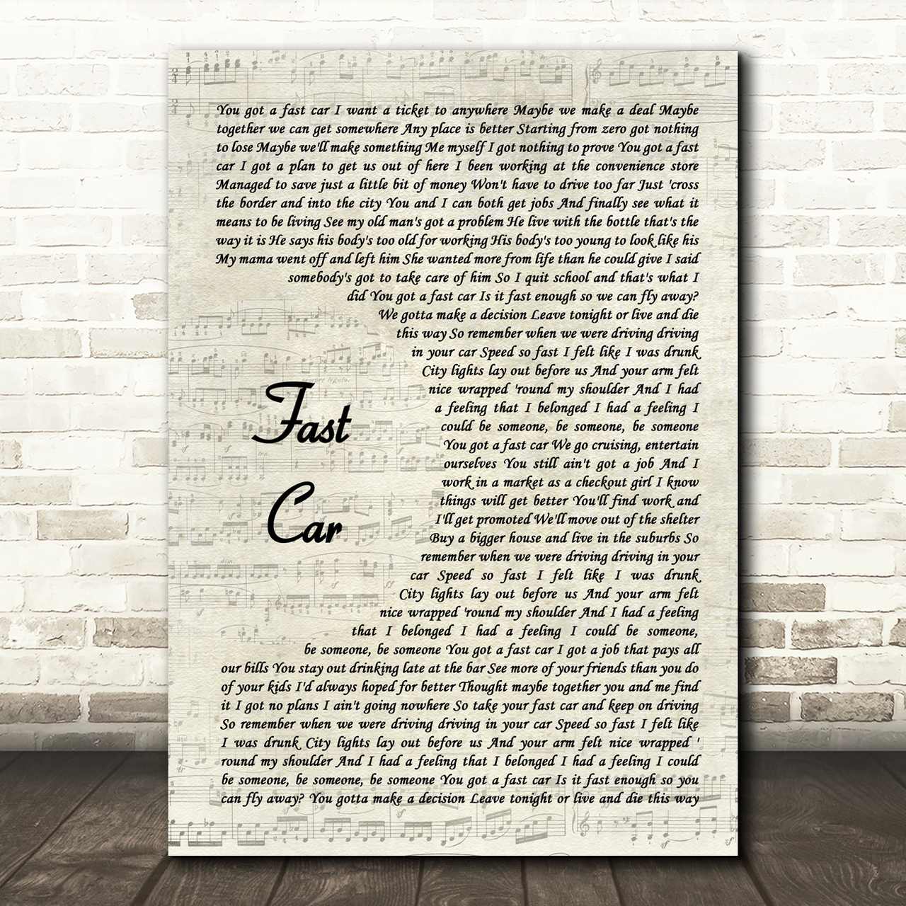 Tracy Chapman Fast Car Vintage Script Song Lyric Art Print