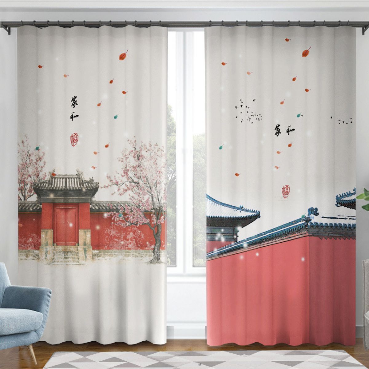 Traditional Chinese Buildings And Falling Leaves Printed Window Curtain Home Decor