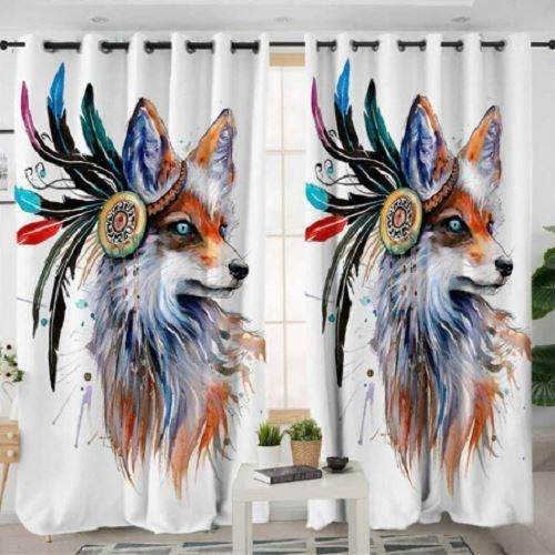 Tribal Fox White Background Printed Window Curtain