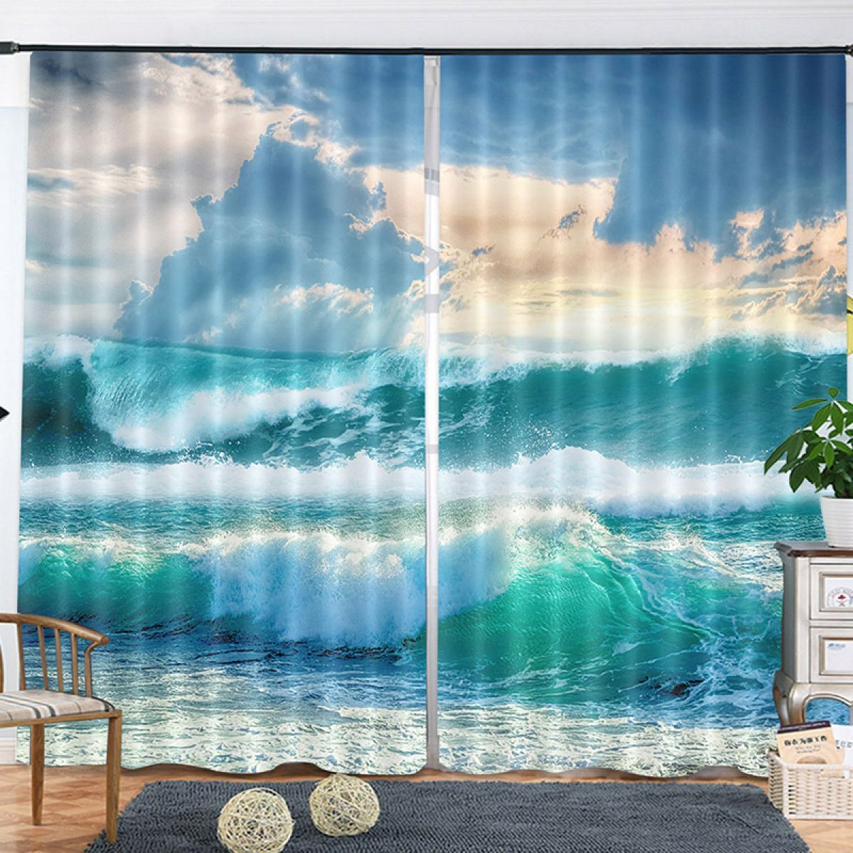 Tumbling Sea Printed Window Curtain Home Decor
