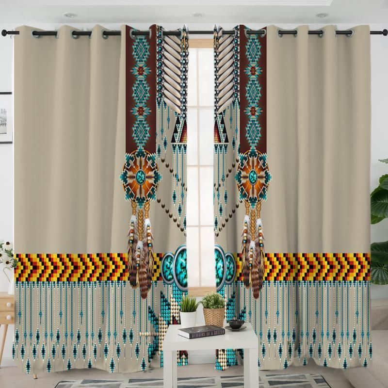 Turquoise Blue Pattern Breastplate Native American Living Window Curtains Home Decor