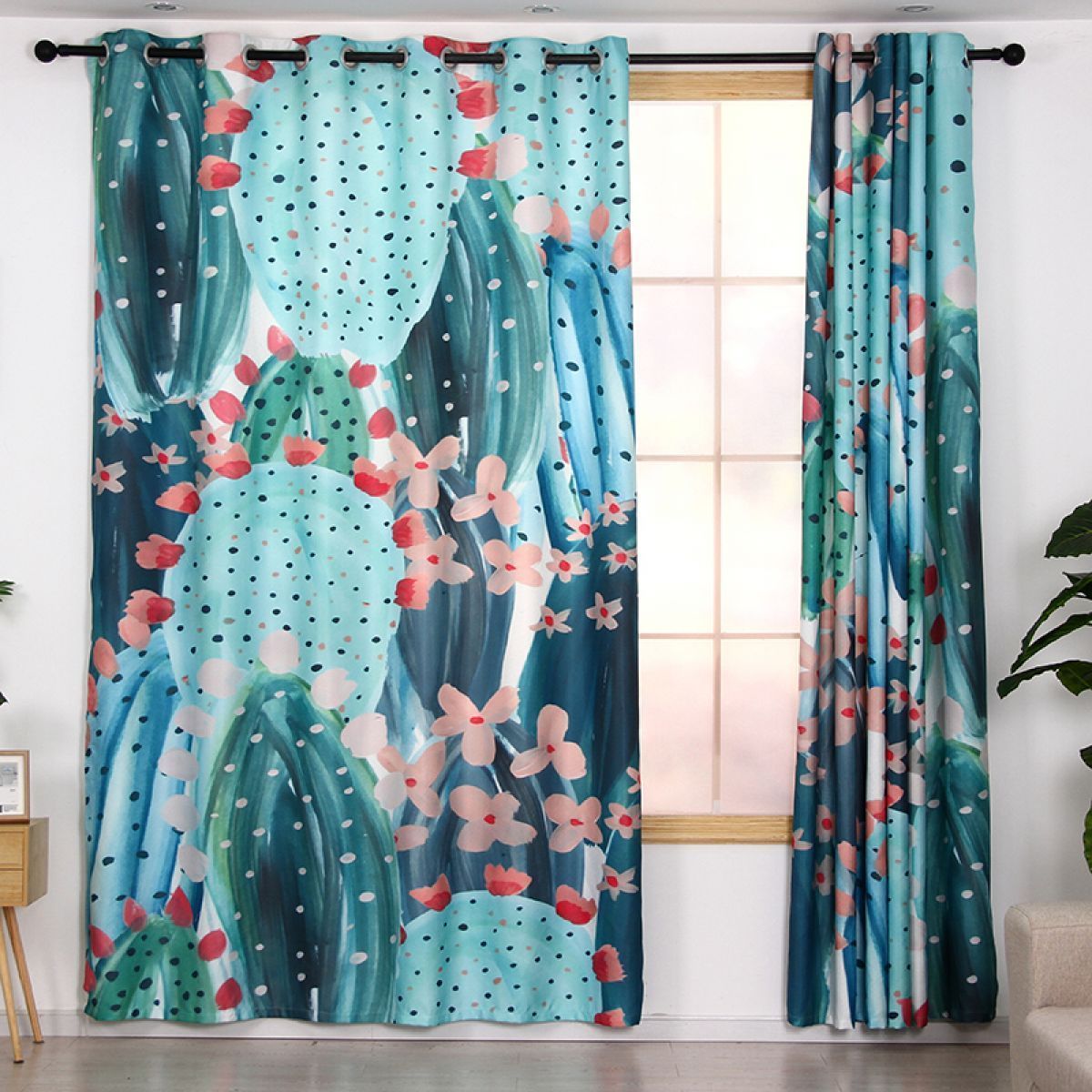 Turquoise Cactus Printed Window Curtain Home Decor