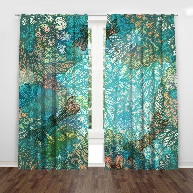Turquoise Dragonflies Printed Window Curtain Home Decor