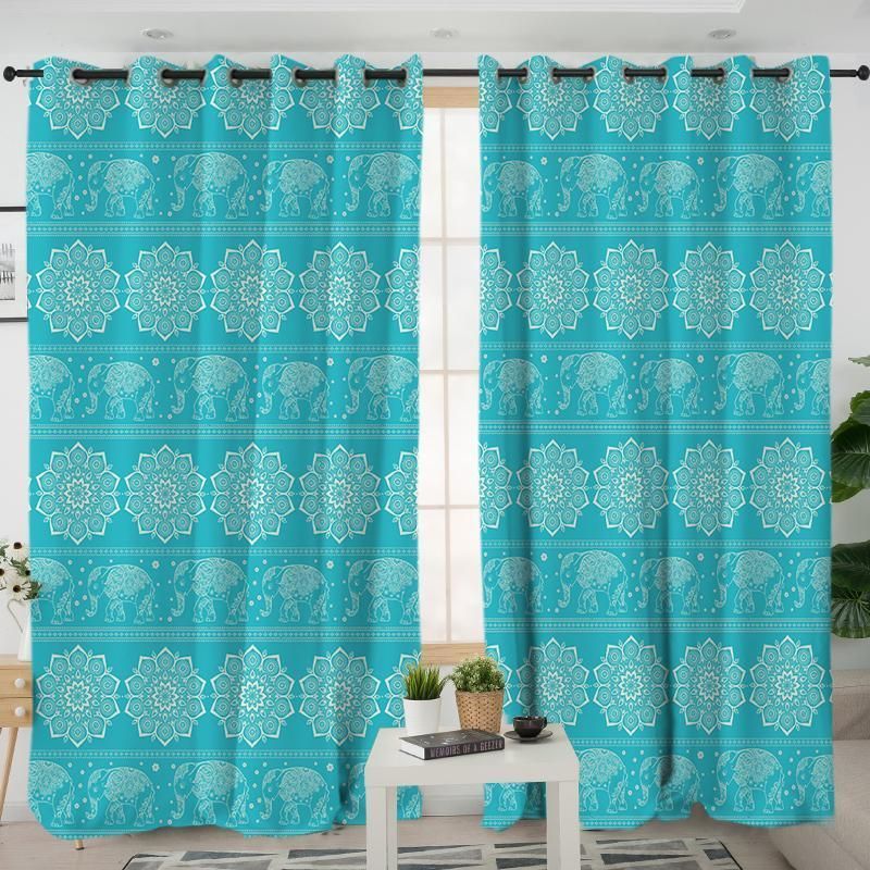 Turquoise Elephants Line Printed Window Curtain Home Decor